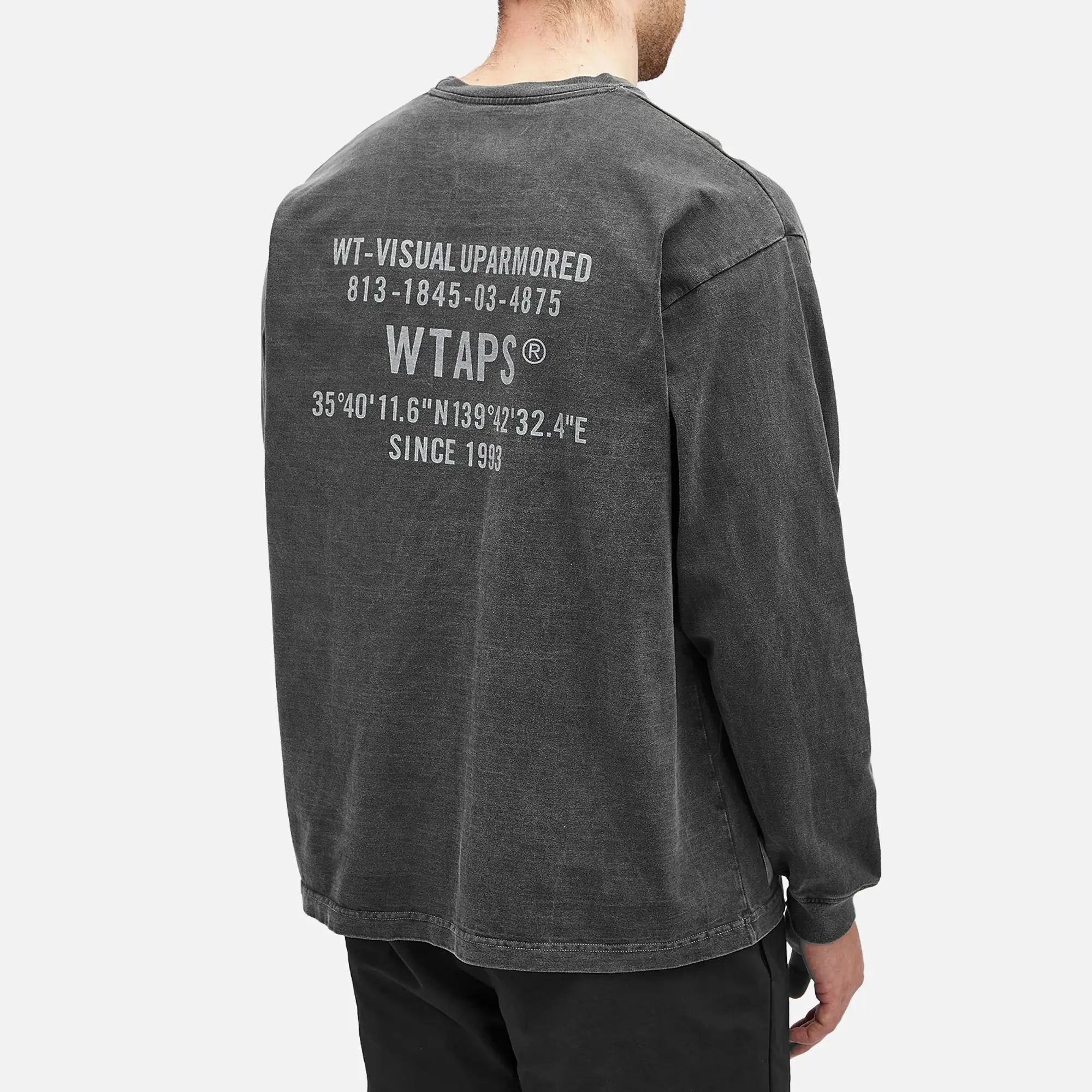 WTAPS Men's 09 Garment Dyed Long Sleeve Back Logo T-Shirt Black