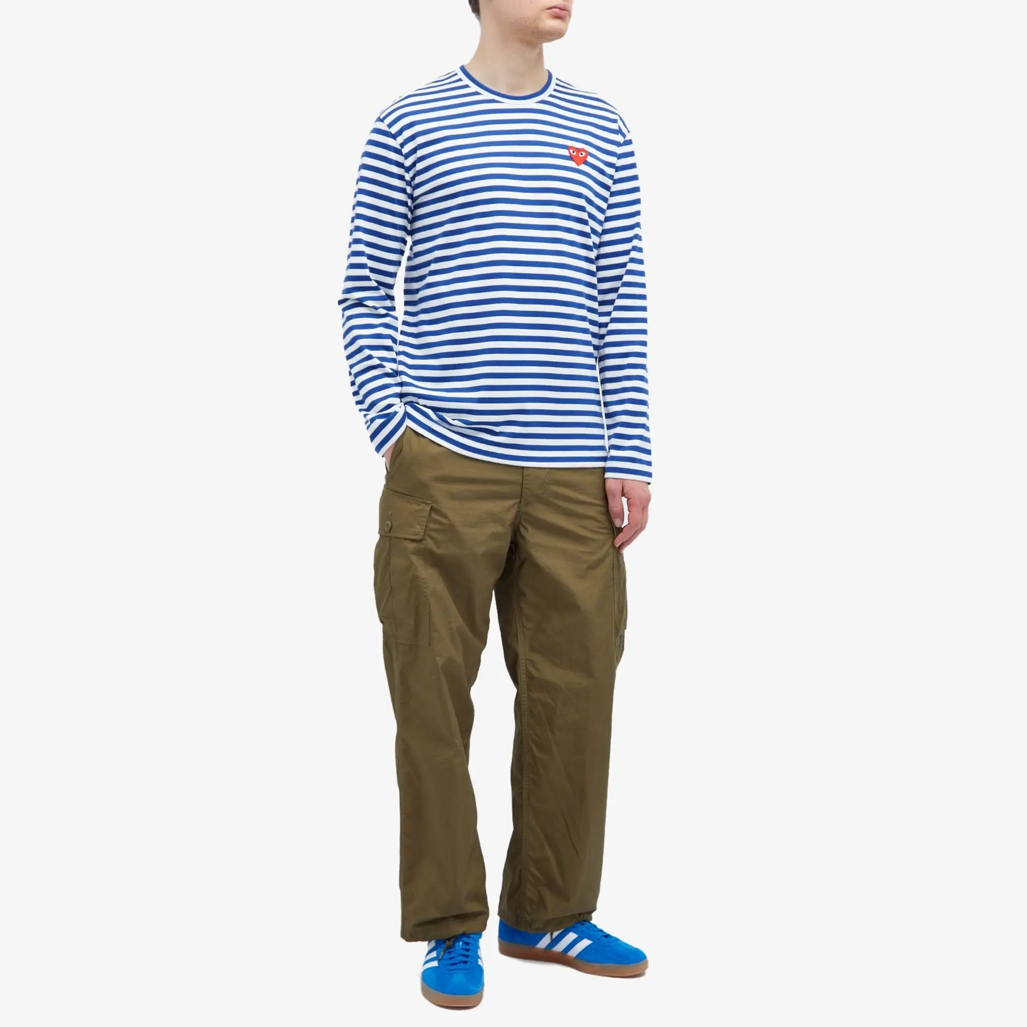 Comme des Garçons Play Men's Long Sleeve Heart Logo Stripe T-Shirt Navy/White