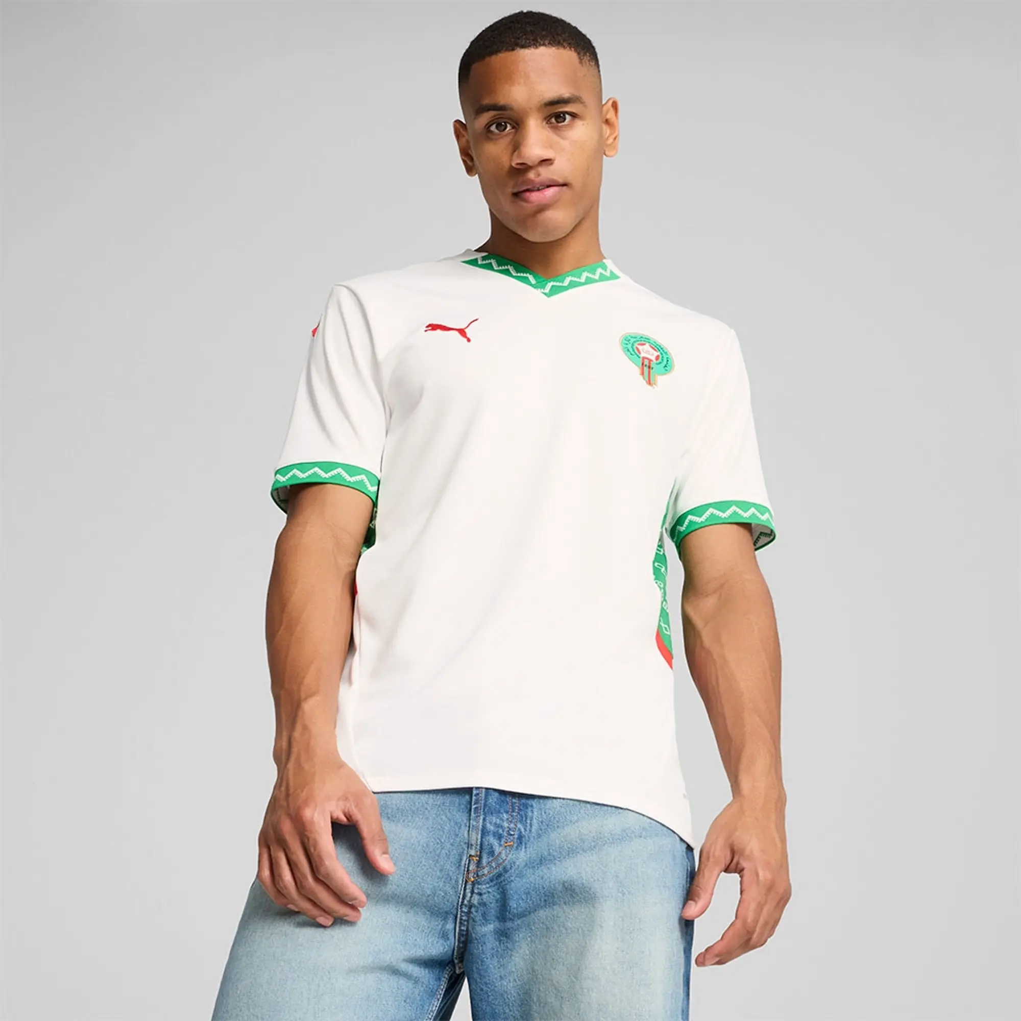 PUMA Morocco 2025 Away Jersey Men, White/Fast Green/Red