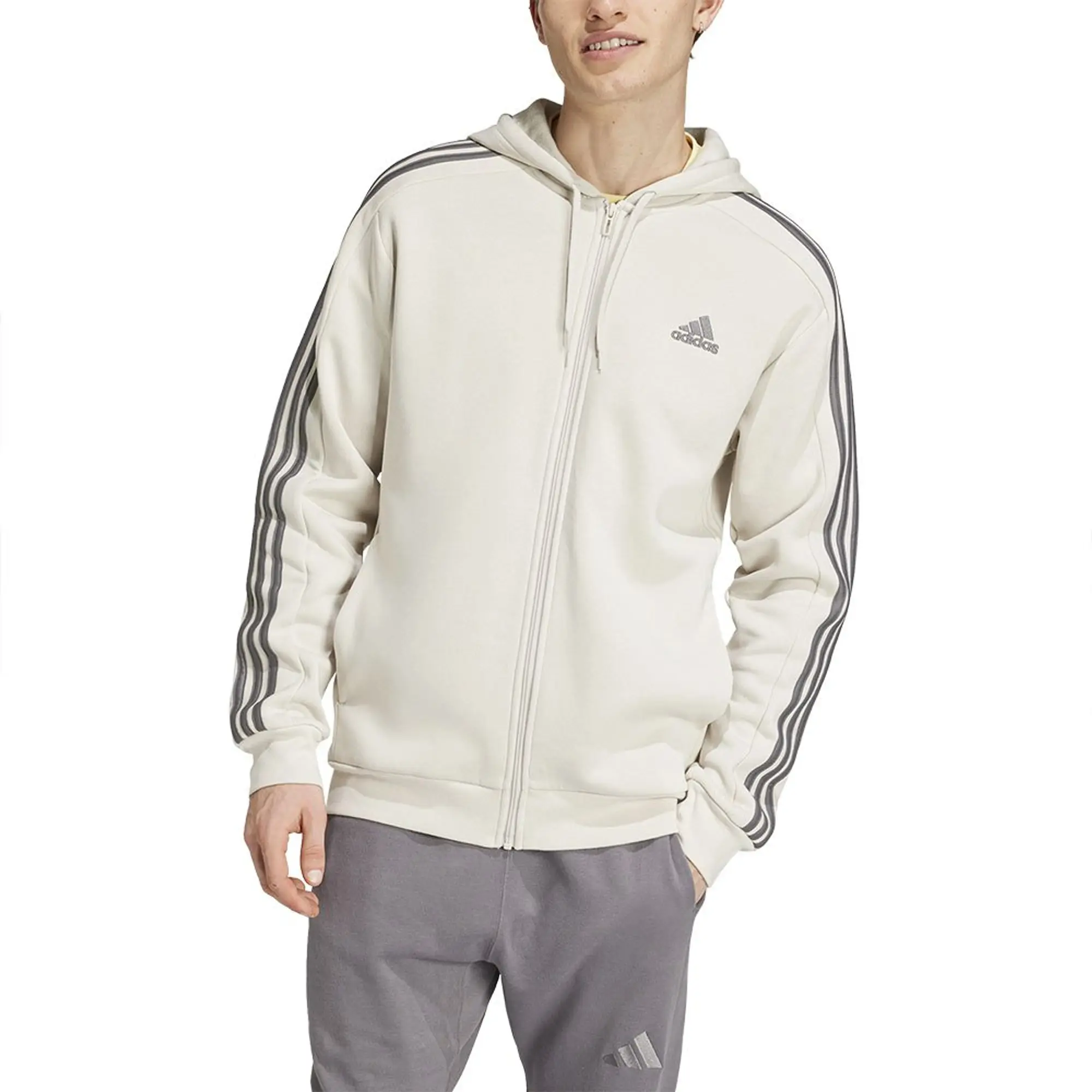 Manchester United x adidas Mens Essentials Fleece 3-Stripes Full Zip Hoodie Off White
