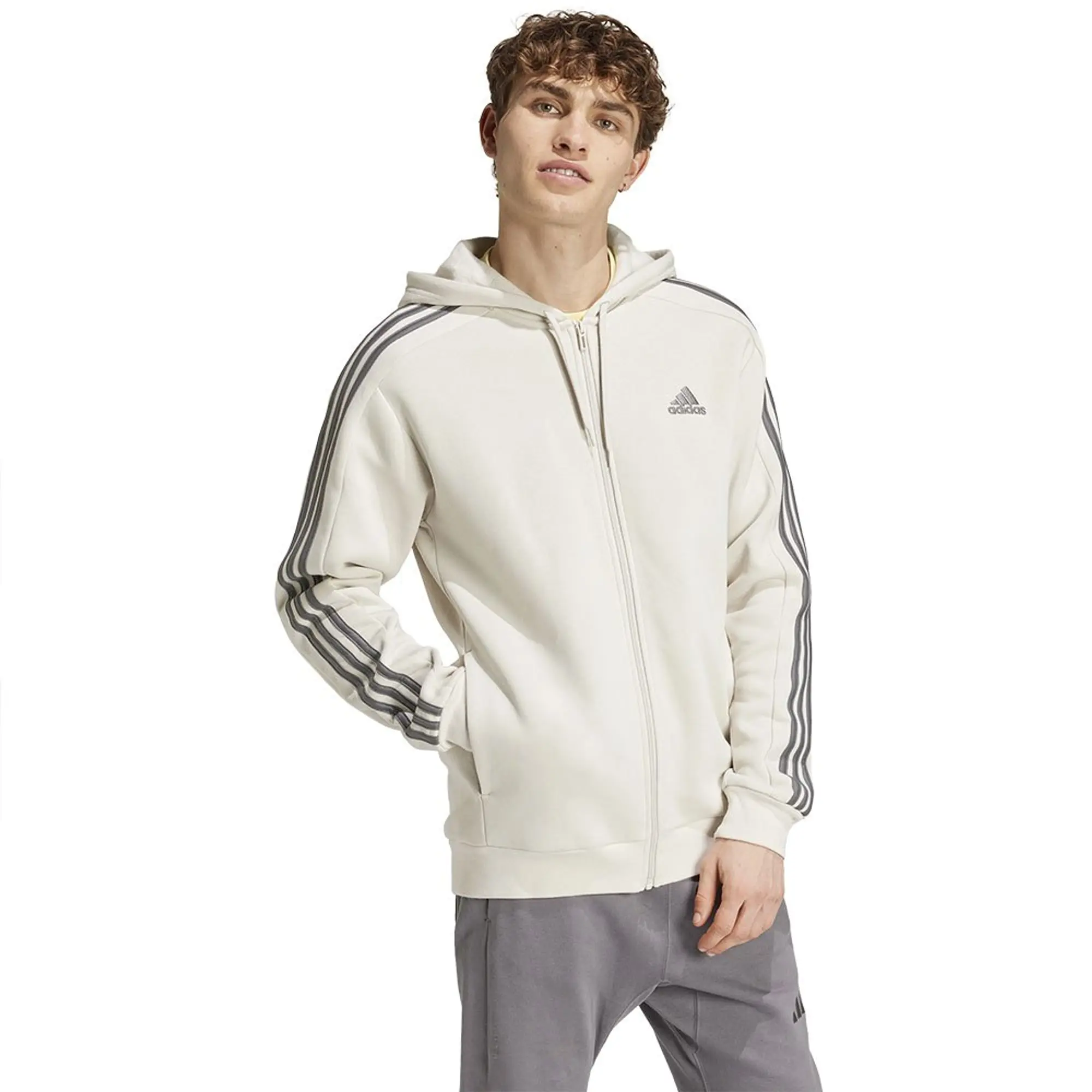 Manchester United x adidas Mens Essentials Fleece 3-Stripes Full Zip Hoodie Off White