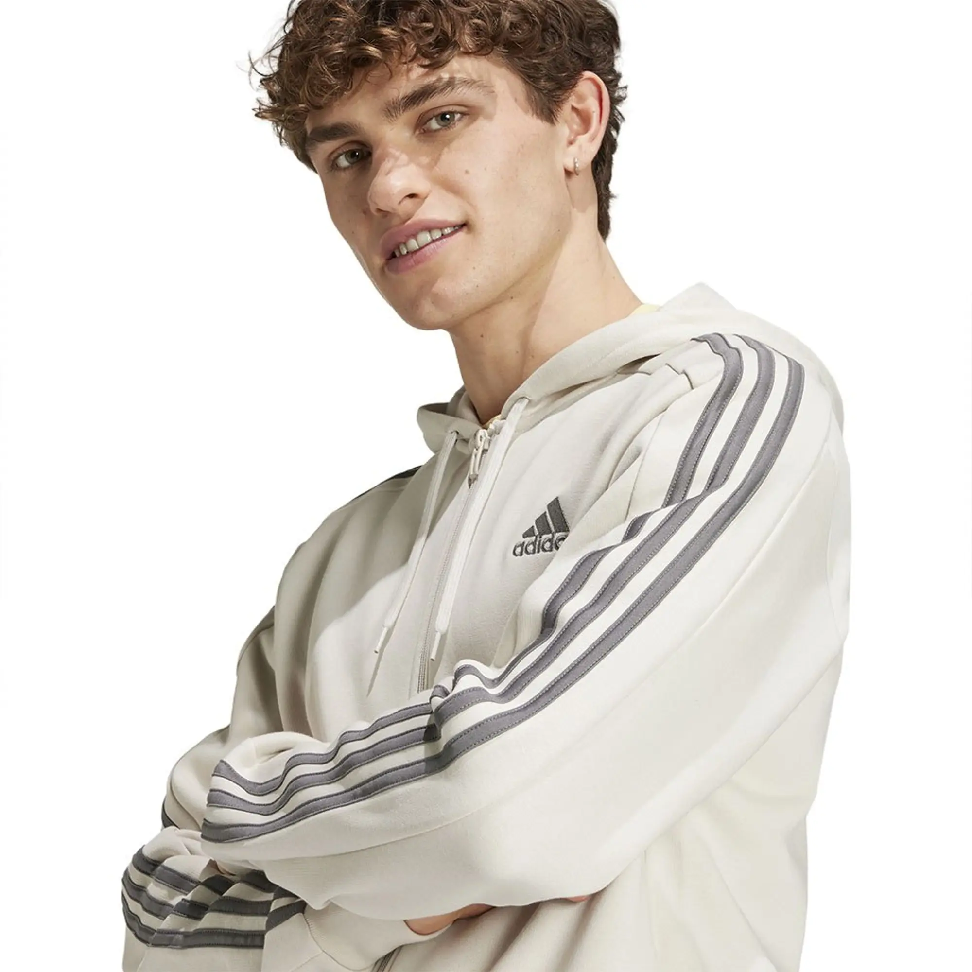 Manchester United x adidas Mens Essentials Fleece 3-Stripes Full Zip Hoodie Off White