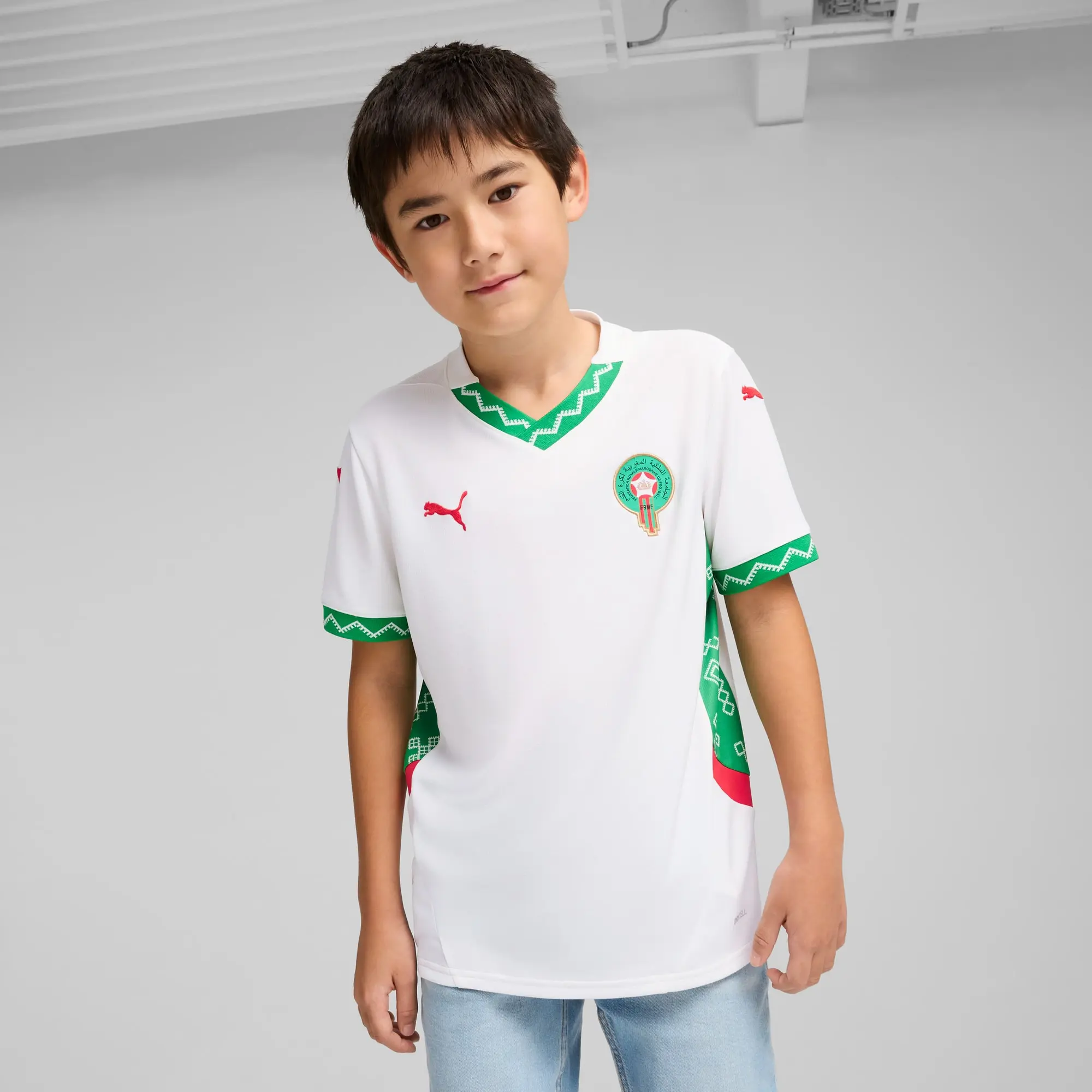PUMA Morocco 2025 Away Jersey Youth, White/Fast Green/Red