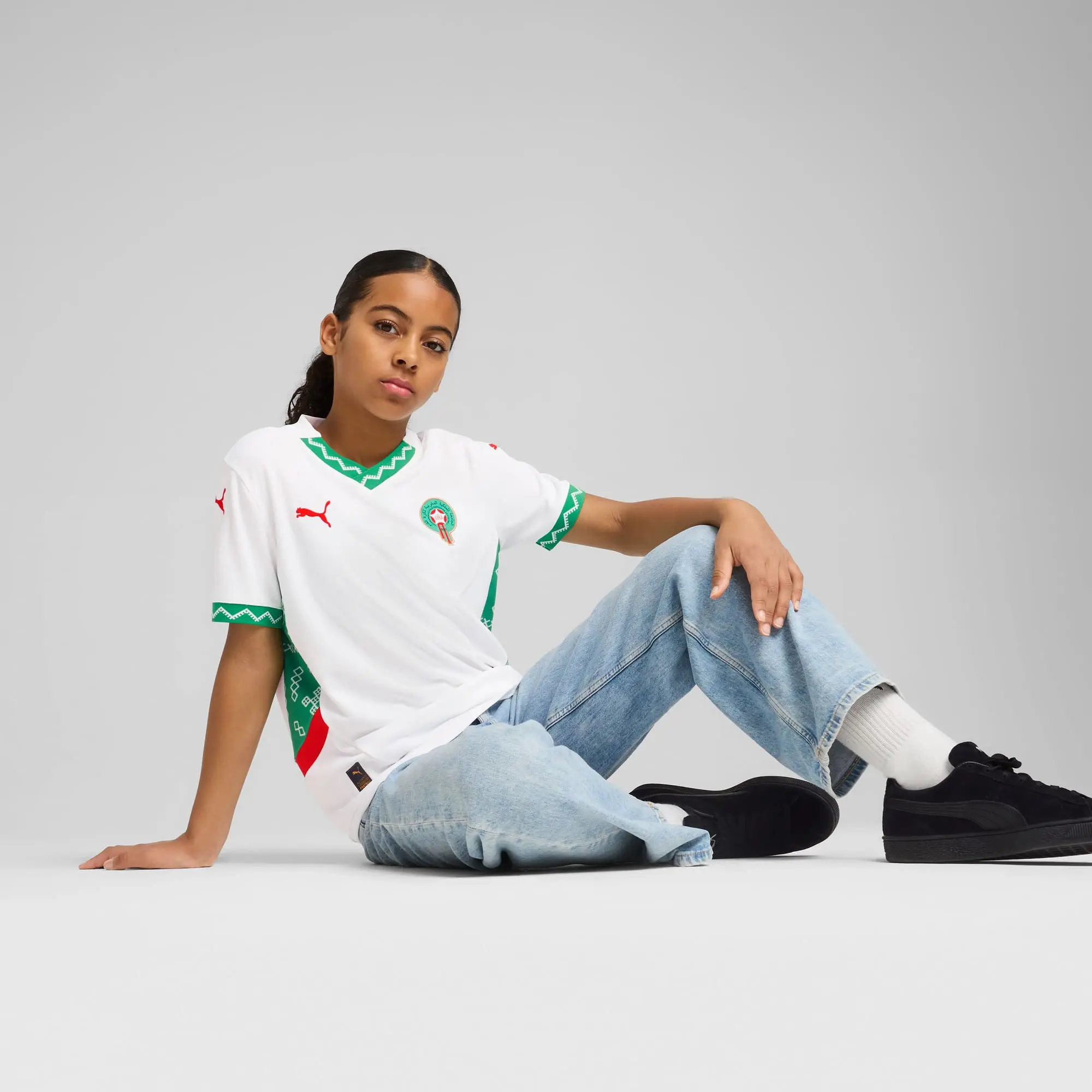 PUMA Morocco 2025 Away Jersey Youth, White/Fast Green/Red