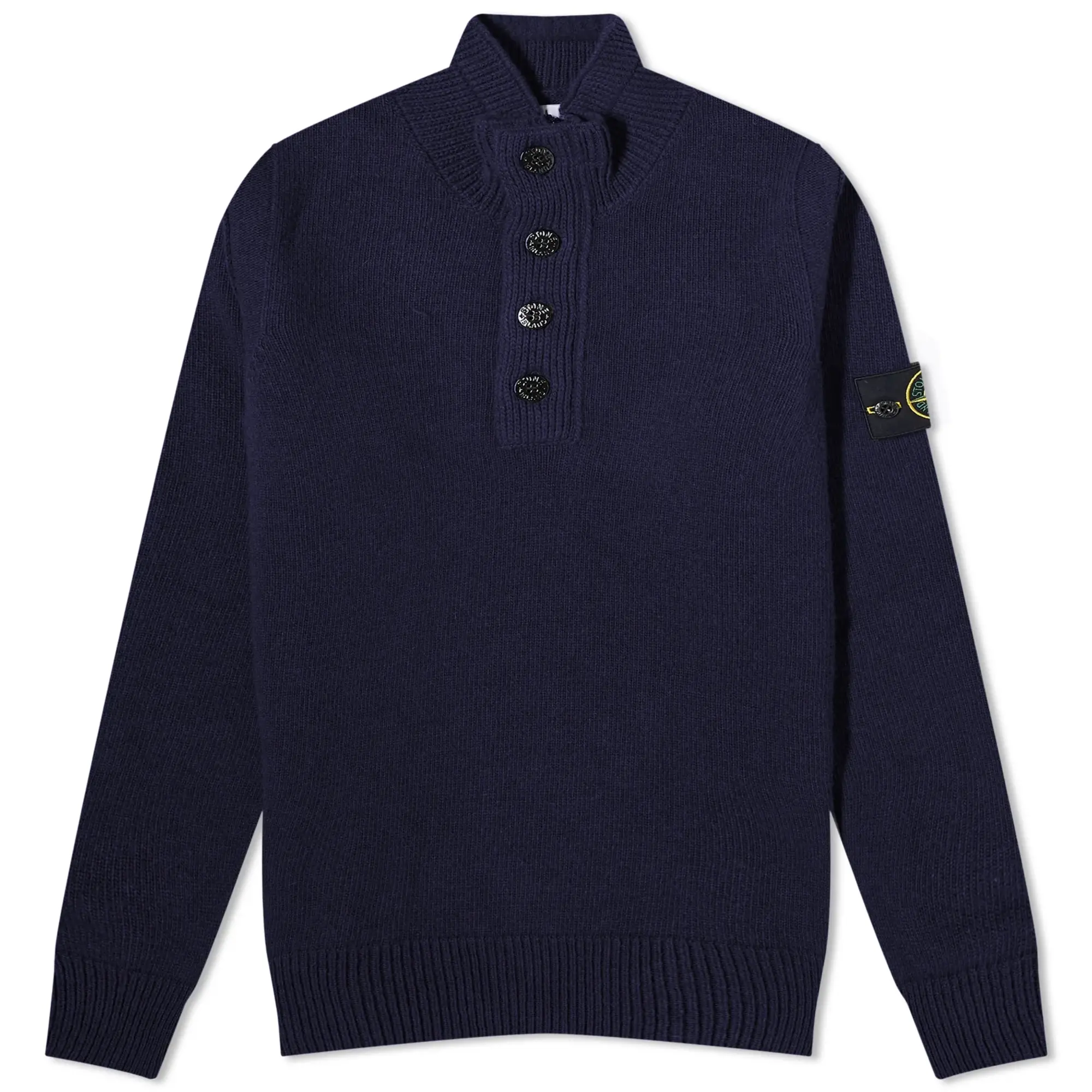 Stone Island Men's Stand Collar Button Neck Knit Navy Blue