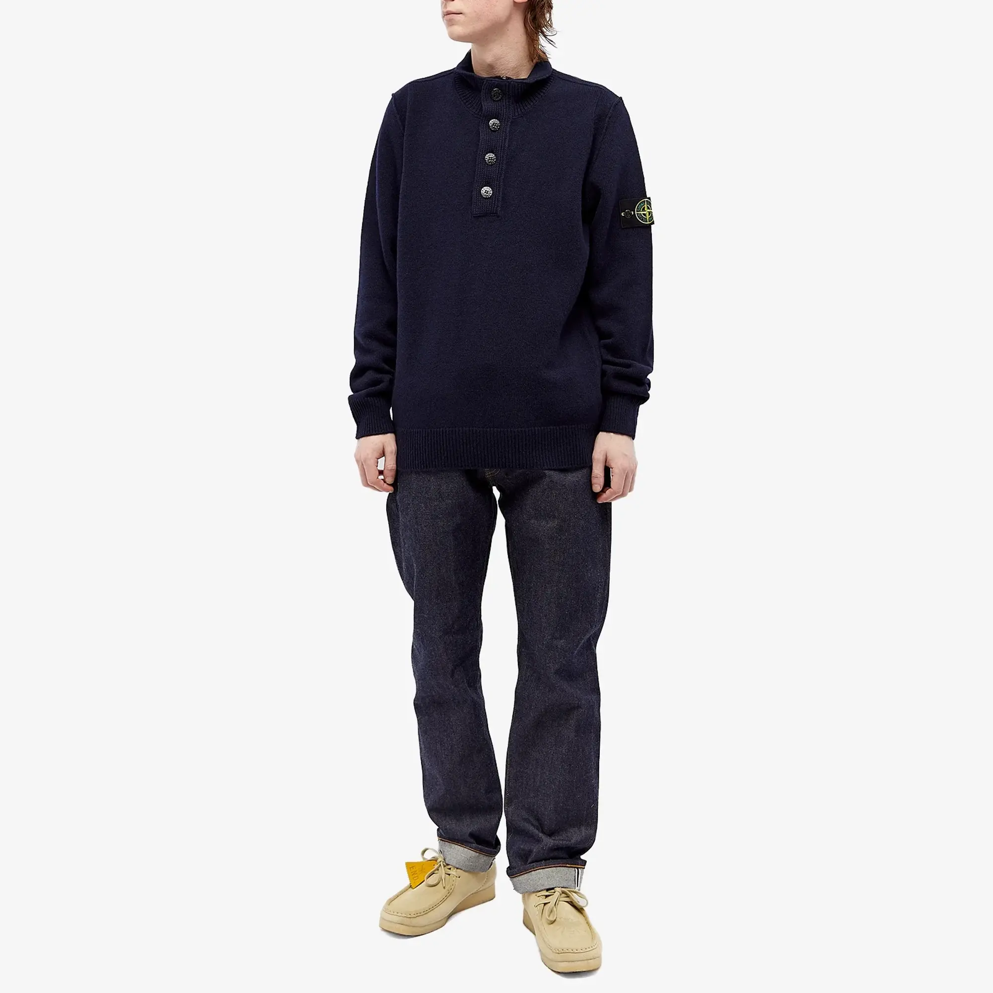Stone Island Men's Stand Collar Button Neck Knit Navy Blue