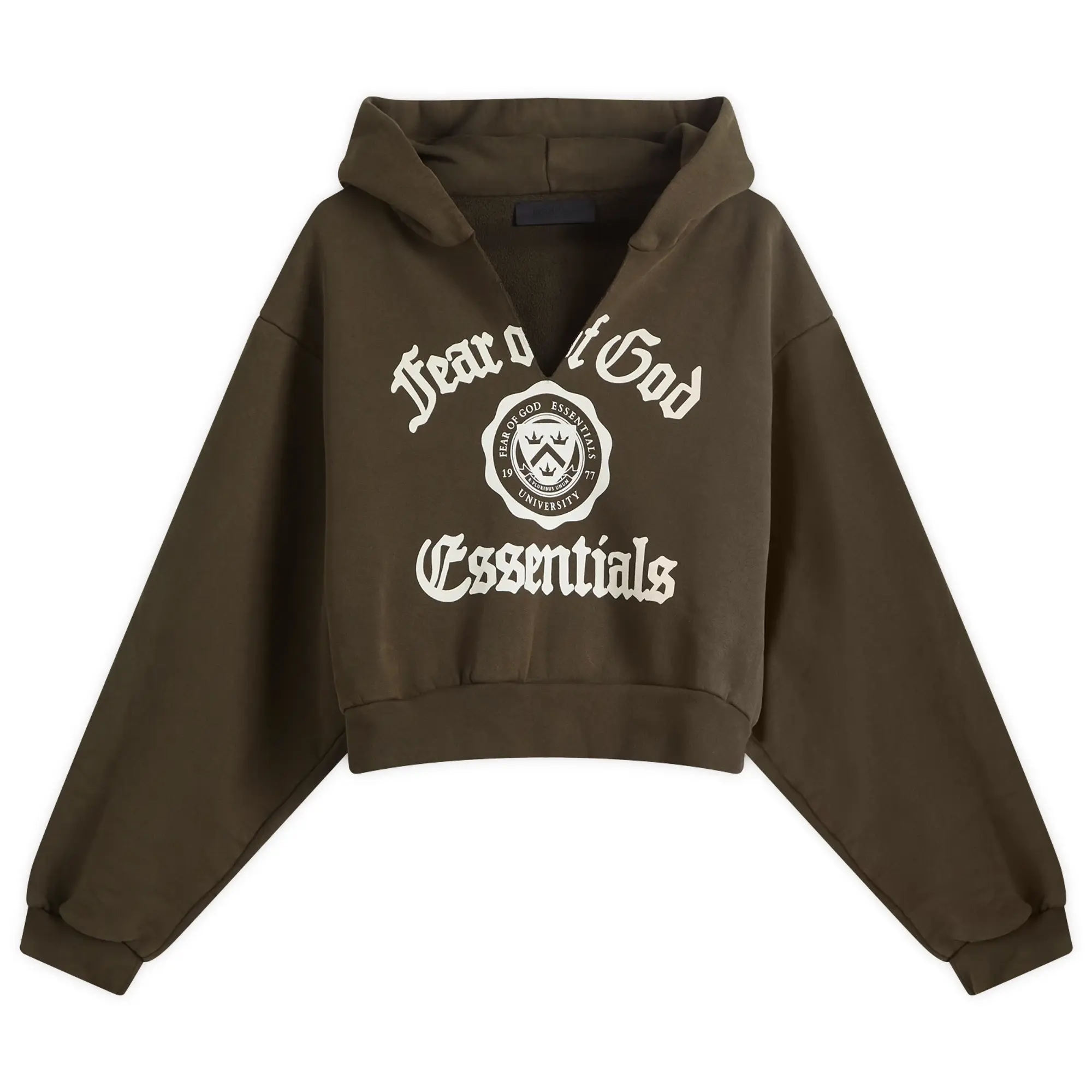 Fear of God ESSENTIALS Women's Heavy Fleece Cropped V-Neck Hoodie Brown