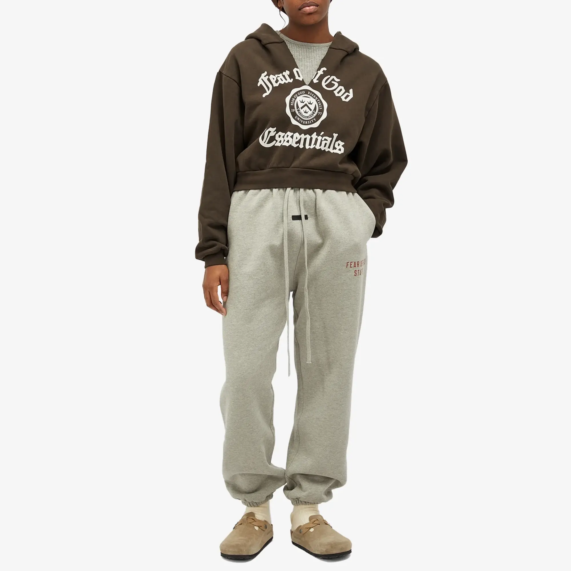 Fear of God ESSENTIALS Women's Heavy Fleece Cropped V-Neck Hoodie Brown