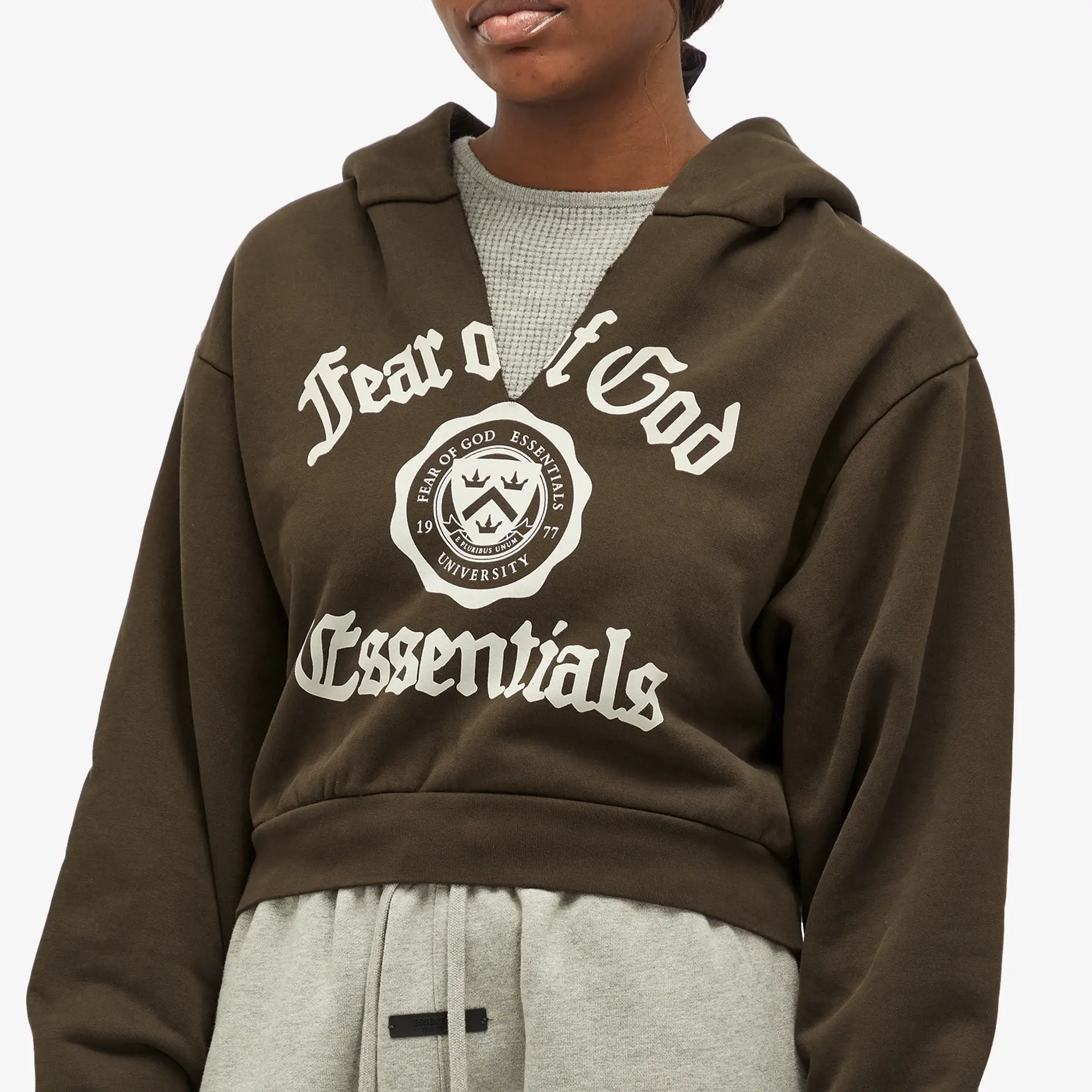 Fear of God ESSENTIALS Women's Heavy Fleece Cropped V-Neck Hoodie Brown