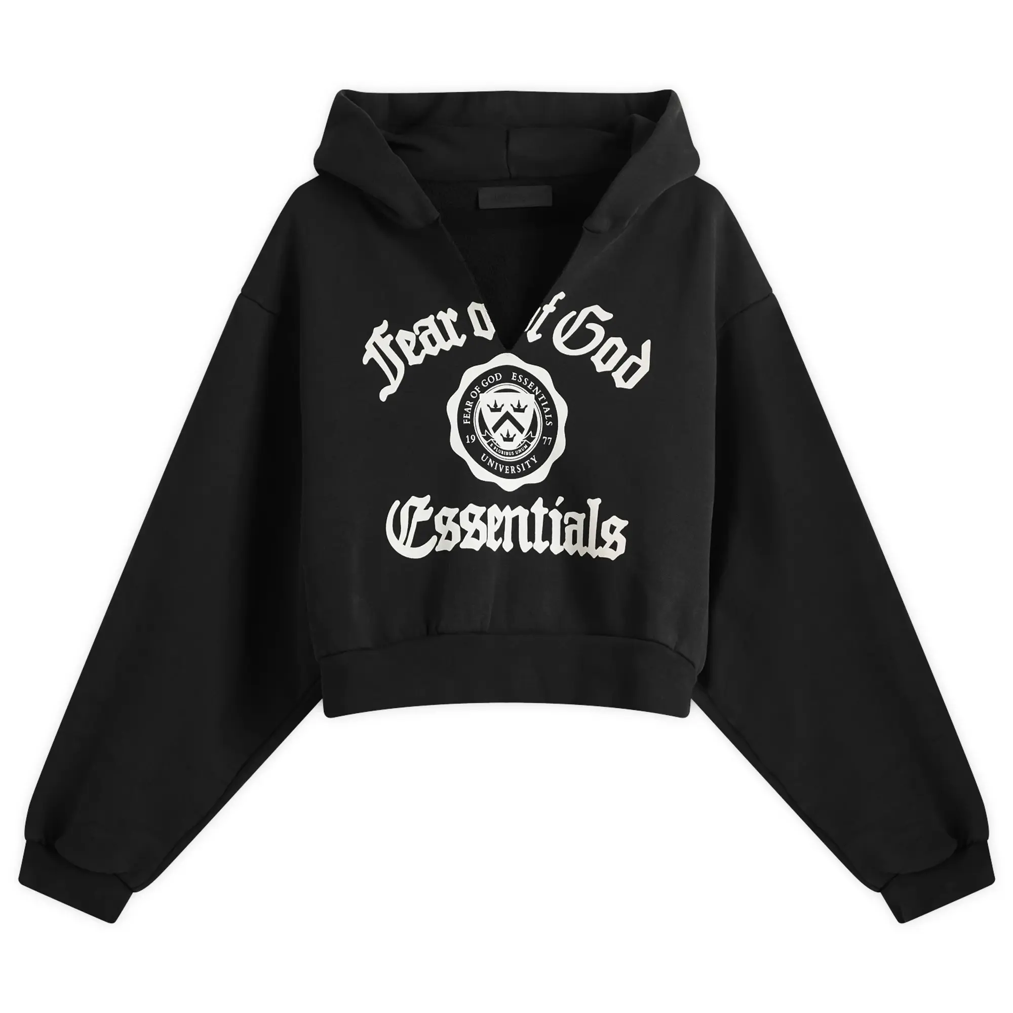 Fear of God ESSENTIALS Women's Heavy Fleece Cropped V-Neck Hoodie Black