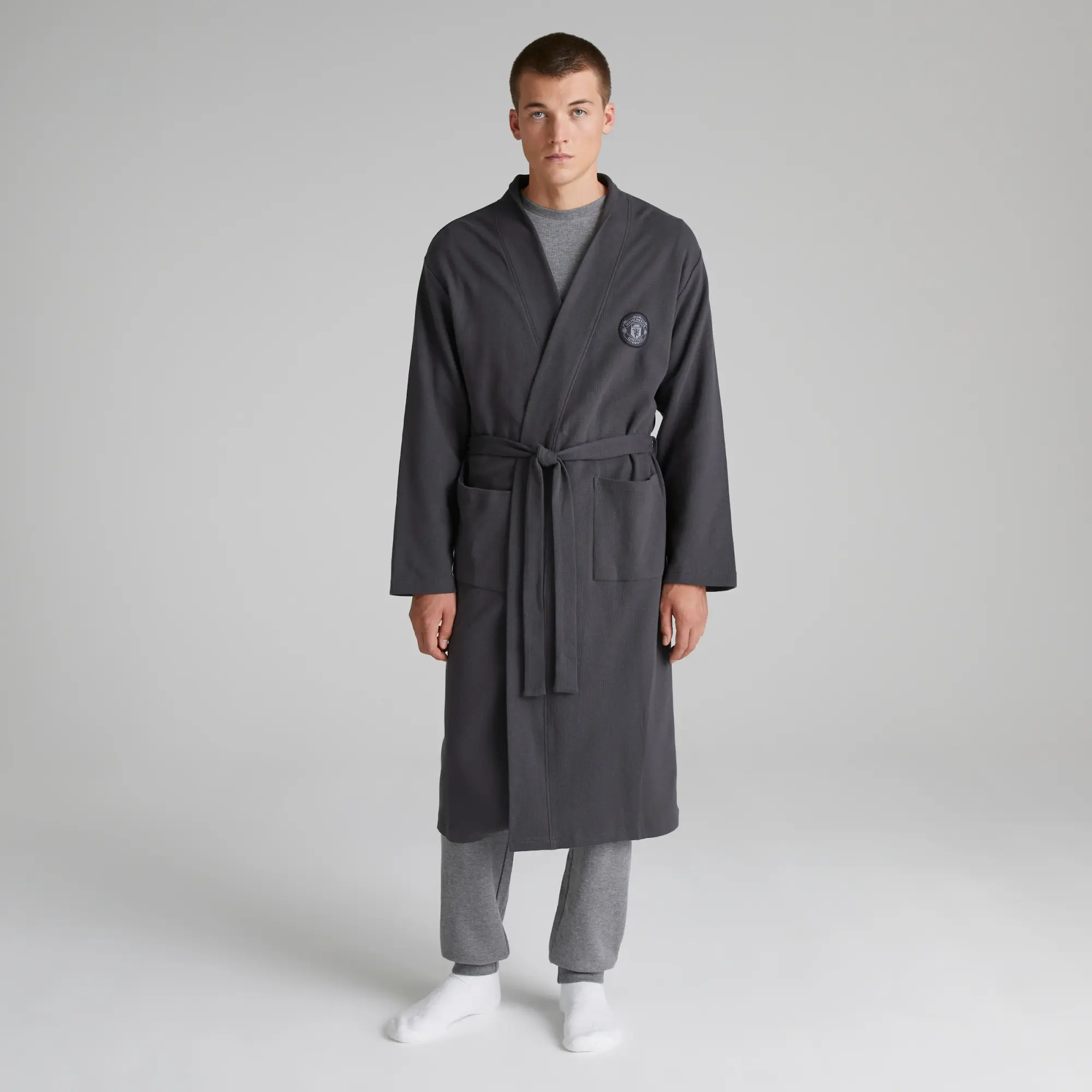 BRECREST Manchester United Mens Waffle Dressing Gown Grey