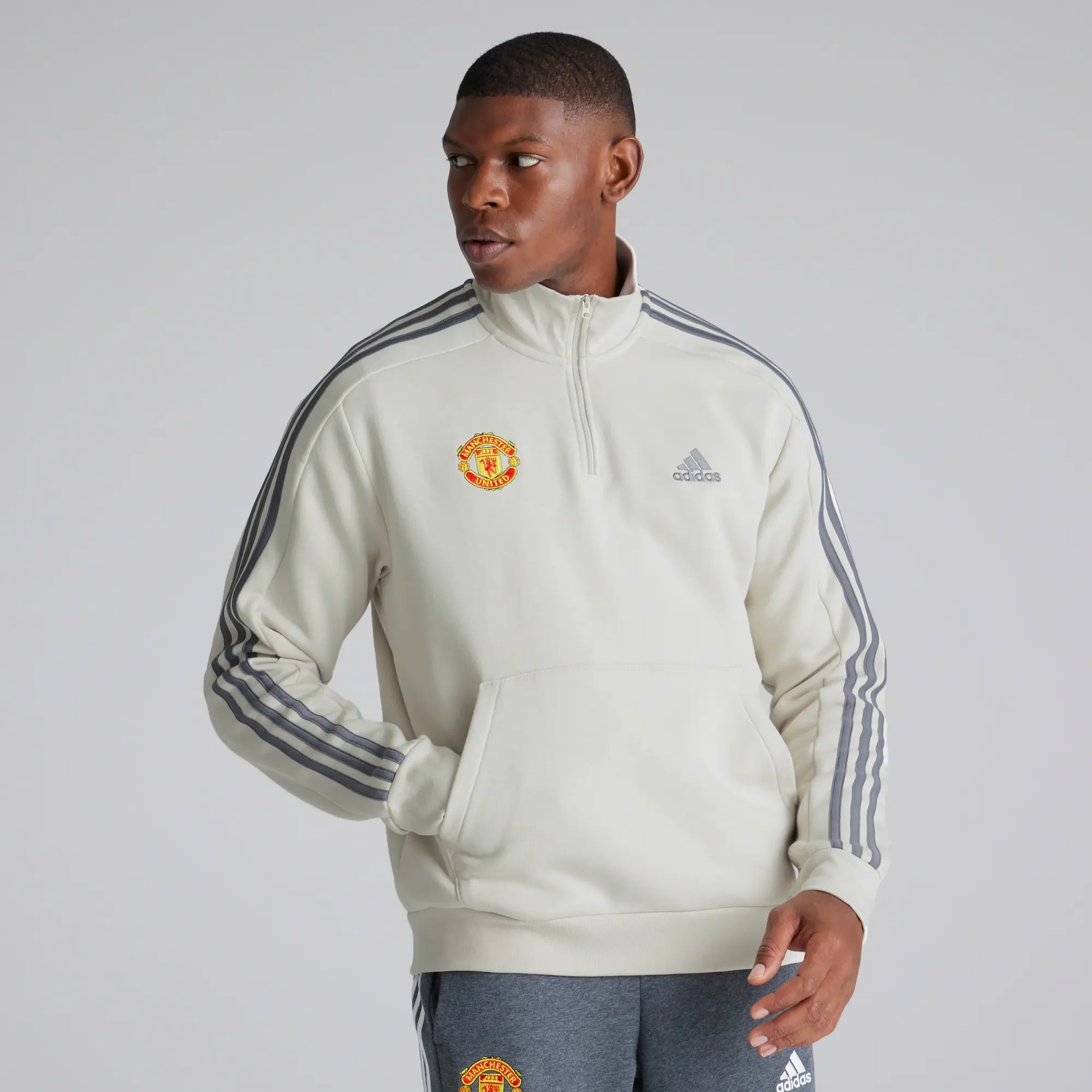Manchester United x adidas Mens Essentials Fleece 3-Stripes 1/4 Zip Sweatshirt Off White