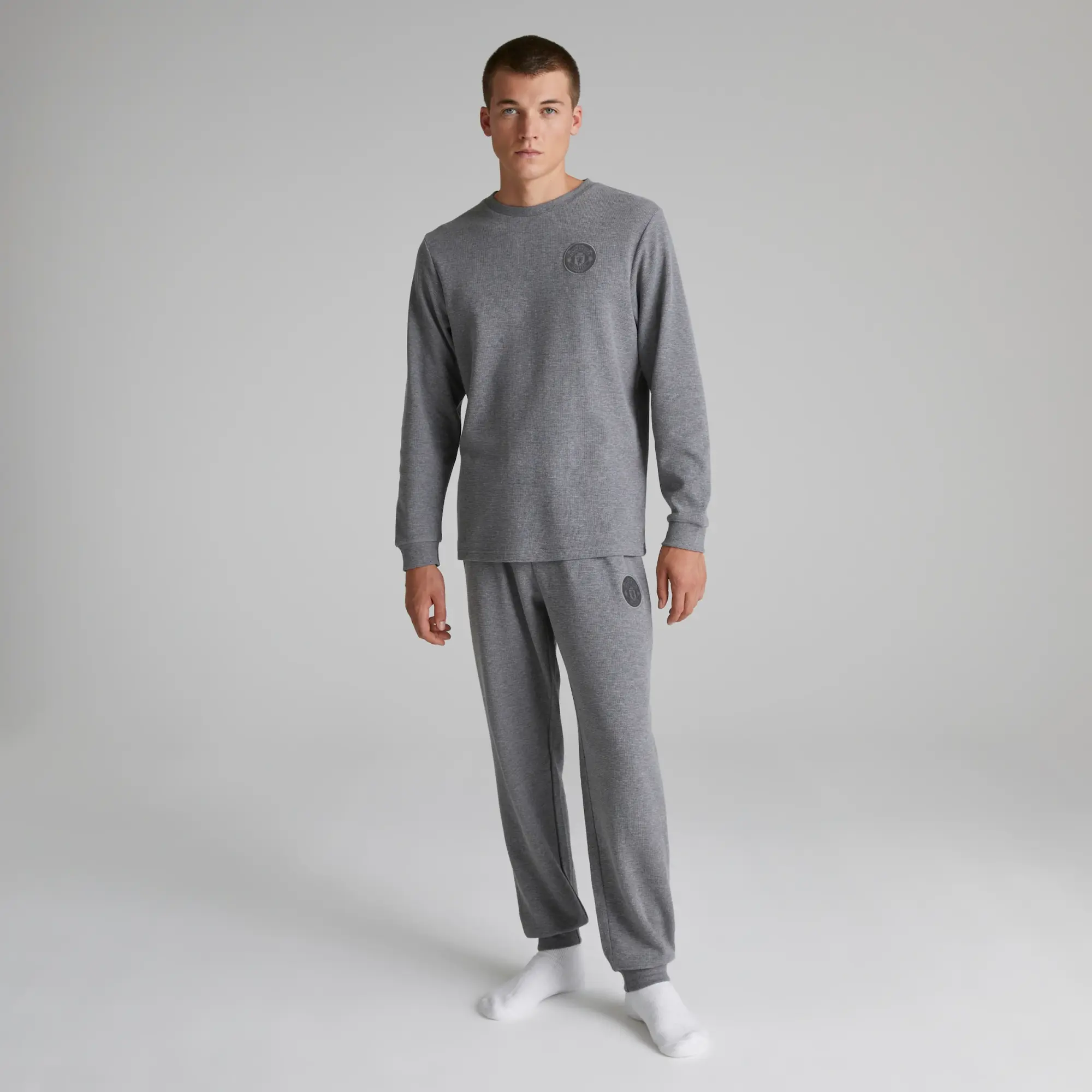 BRECREST Manchester United Mens Waffle Long Sleeve Pyjama Set Grey