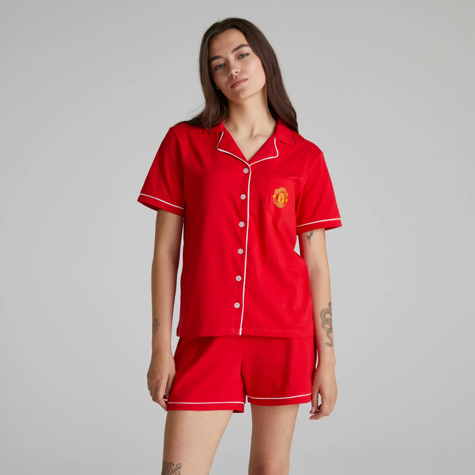 BRECREST Manchester United Womens Button Through Pyjama Set Red