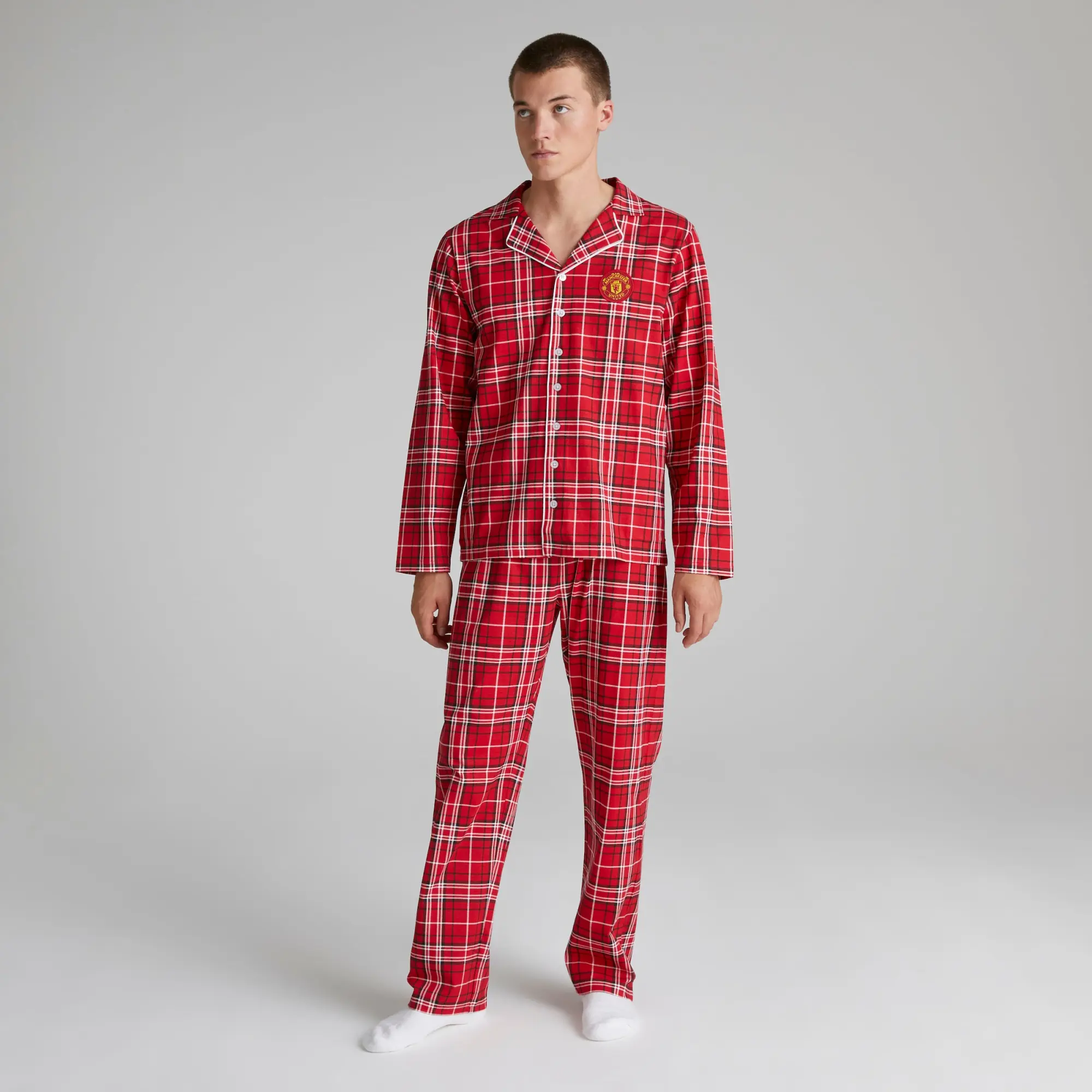 BRECREST Manchester United Mens Check Long Sleeve Pyjama Set Red