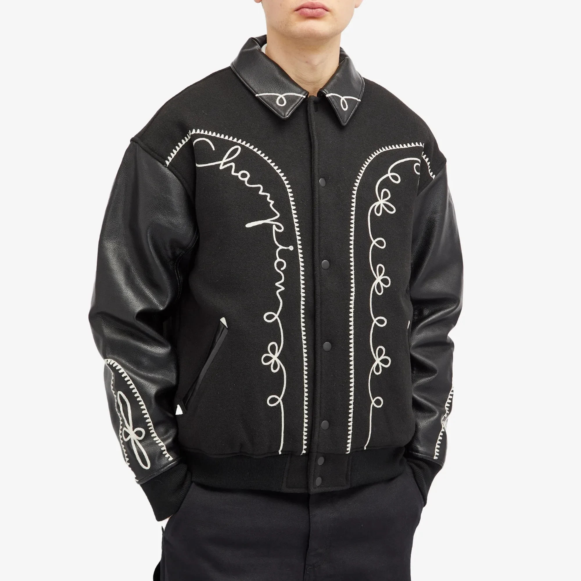 g*7様 Champion Angelo Baque スタジャン L 黒 Champion Men's x Angelo Baque Varsity Jacket Black | GP204001-X001