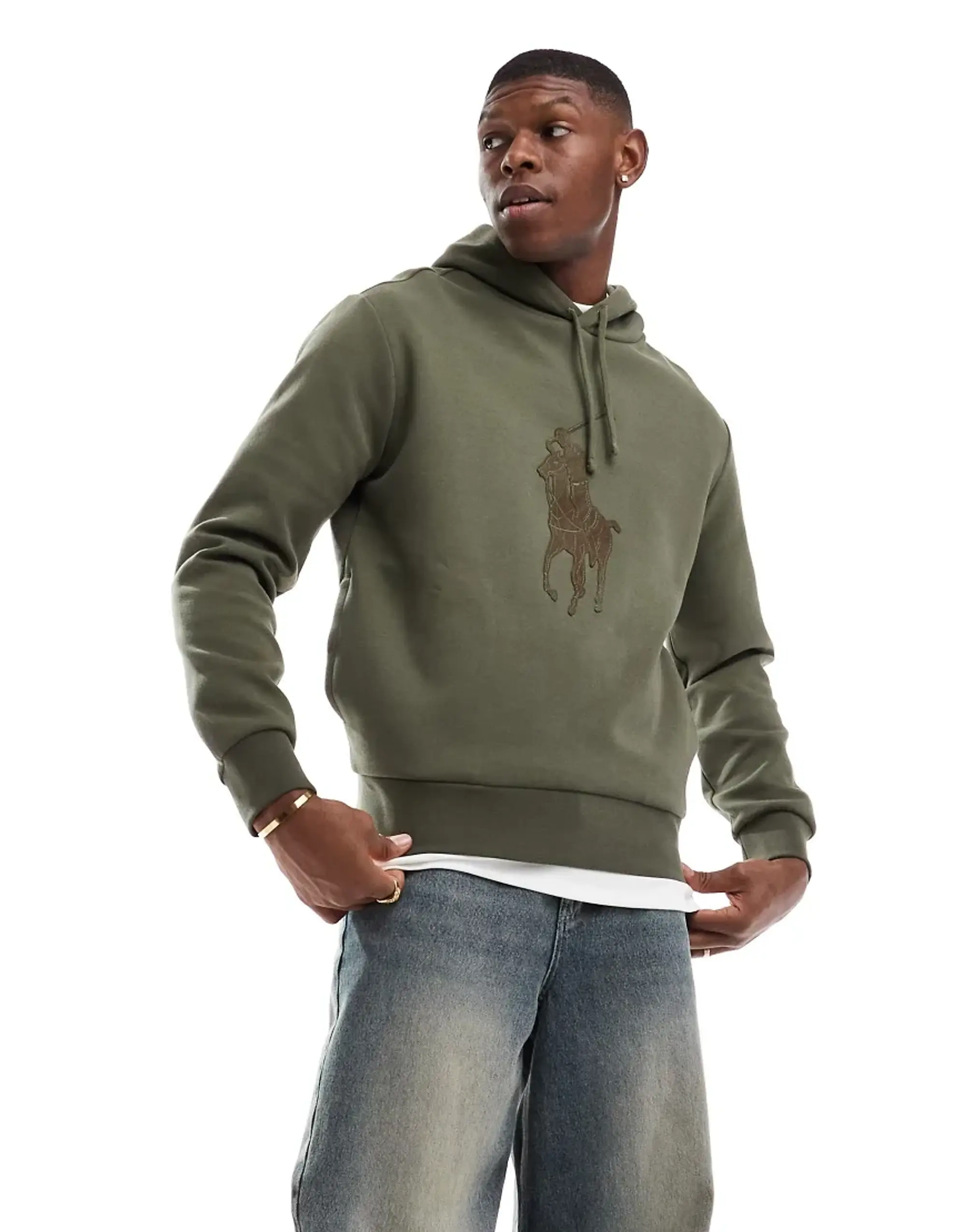 Polo Ralph Lauren Tonal Large Player Logo Double Knit Hoodie In Dark Green