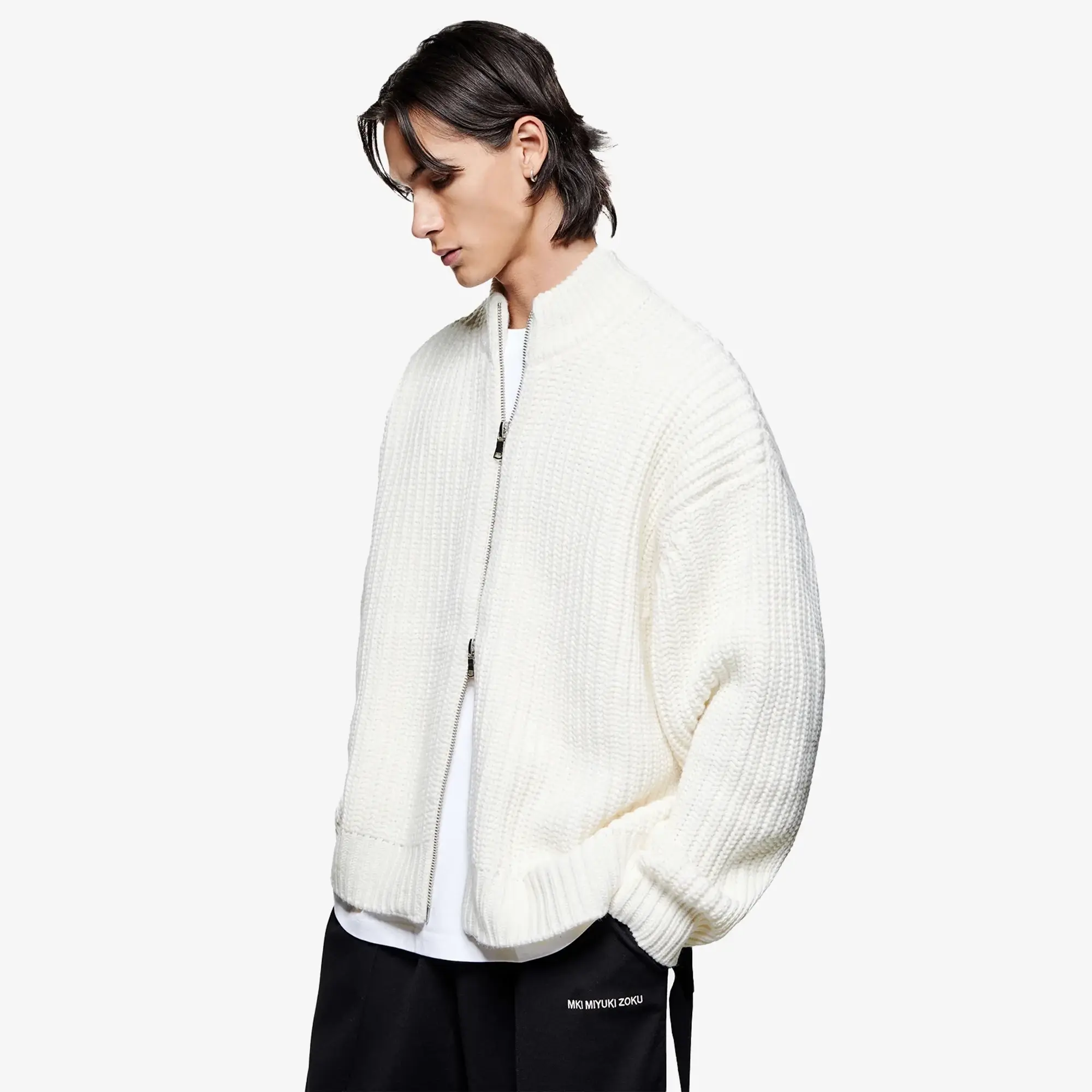 MKI Men's Chunky Rib Knit Track Jacket Off White