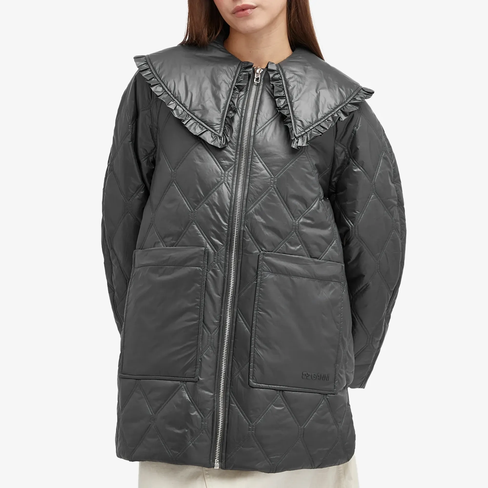 GANNI Women's Shiny Quilt Midi Jacket Black Sand | W0170-052