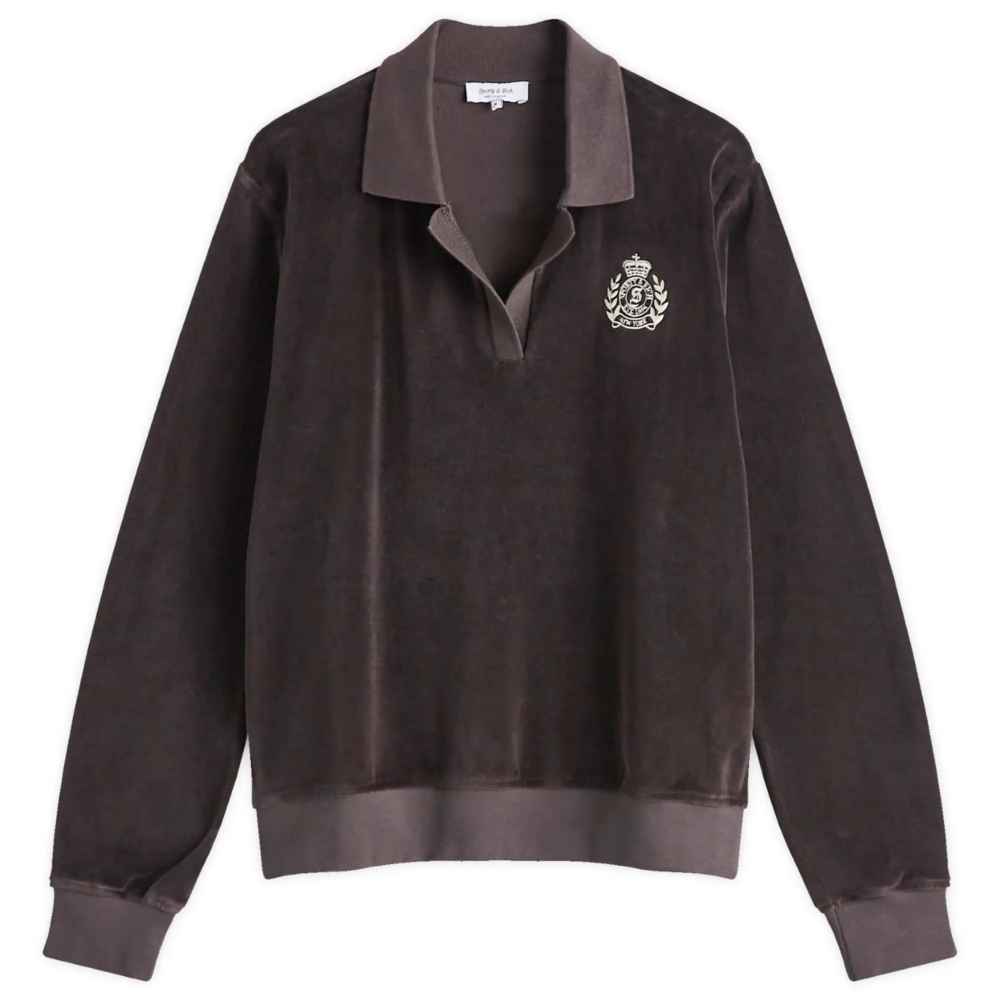 Sporty & Rich Women's NY Crest Longsleeve Velour Polo Chocolate Cream