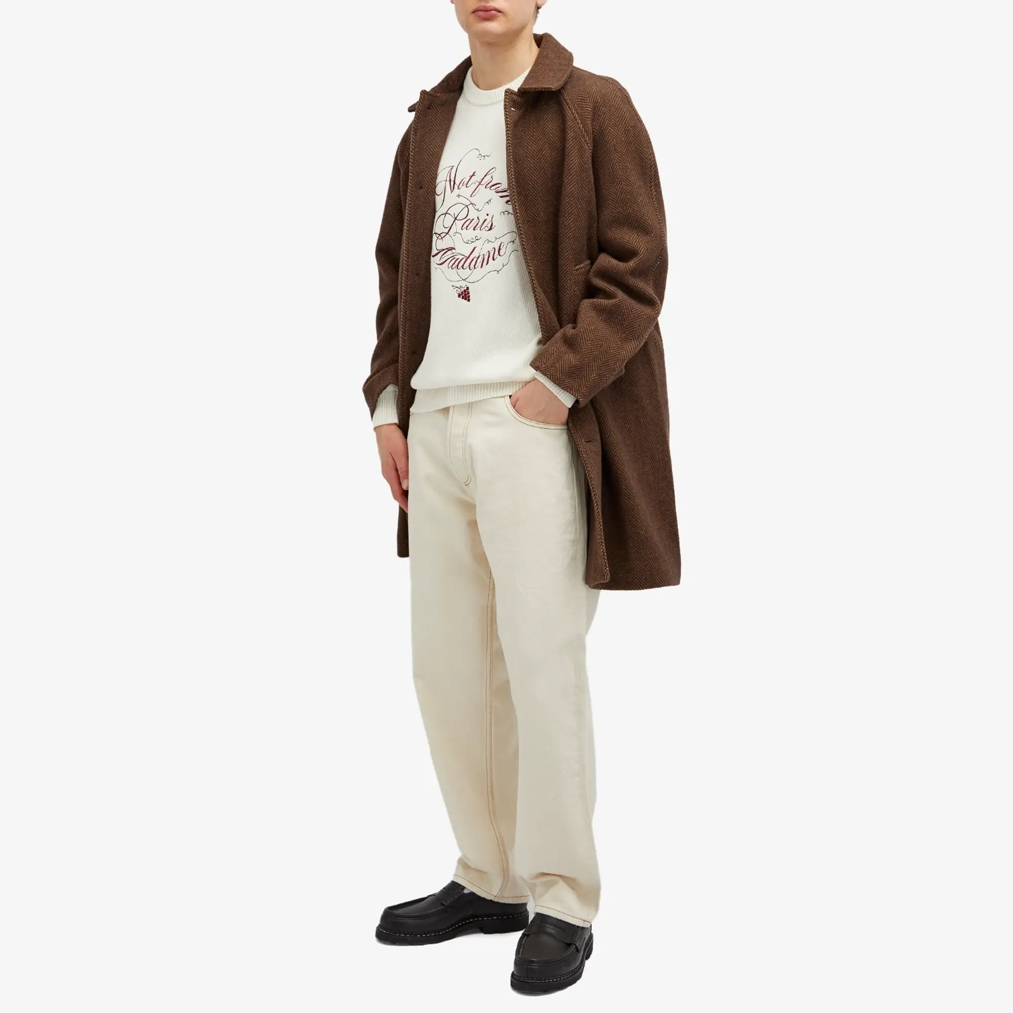 Drôle de Monsieur Men's Not From Paris Madame Caligraphy Crew Knit Cream