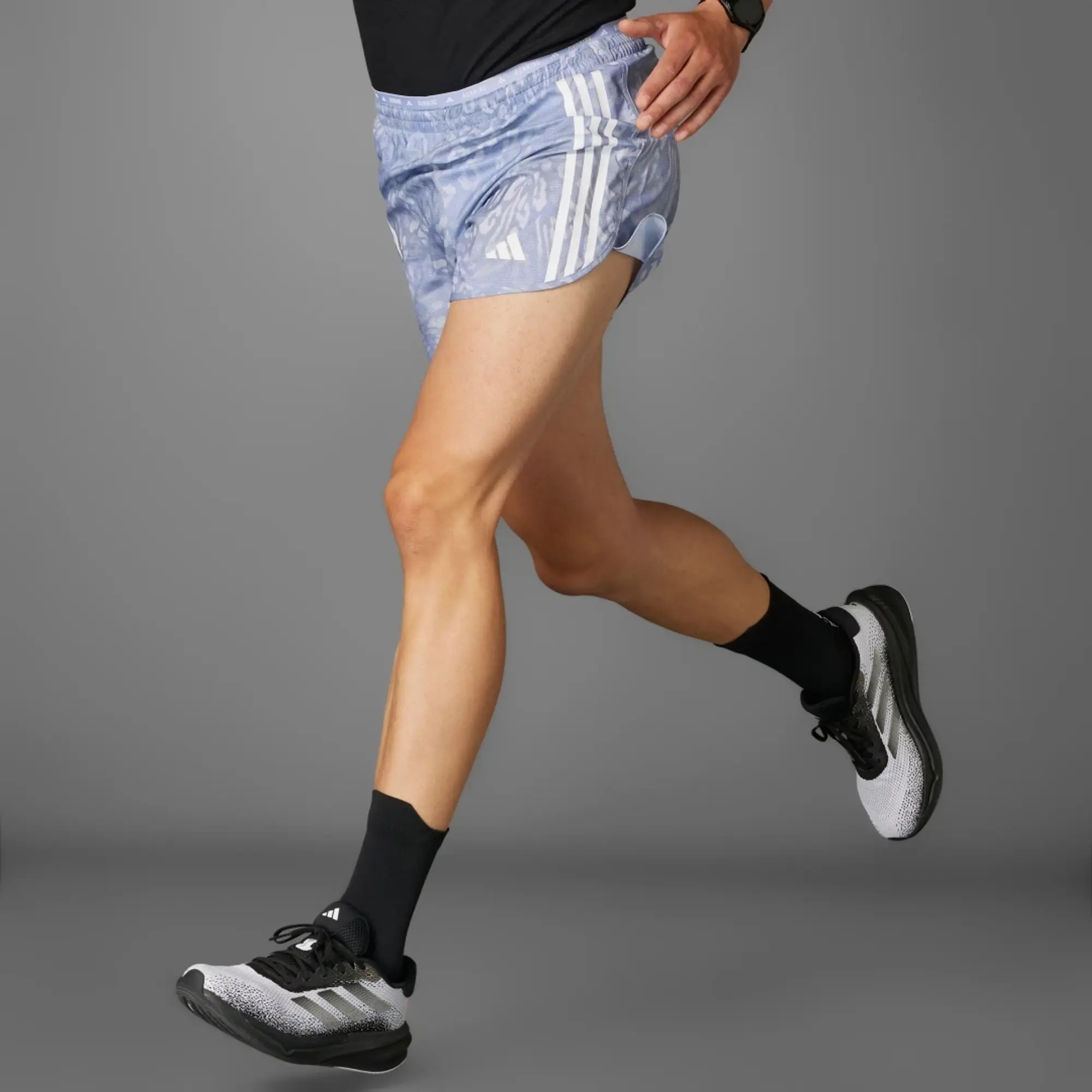 Adidas Performance Own The Run 3-Stripes Shorts In Dash Grey / Violet Tone