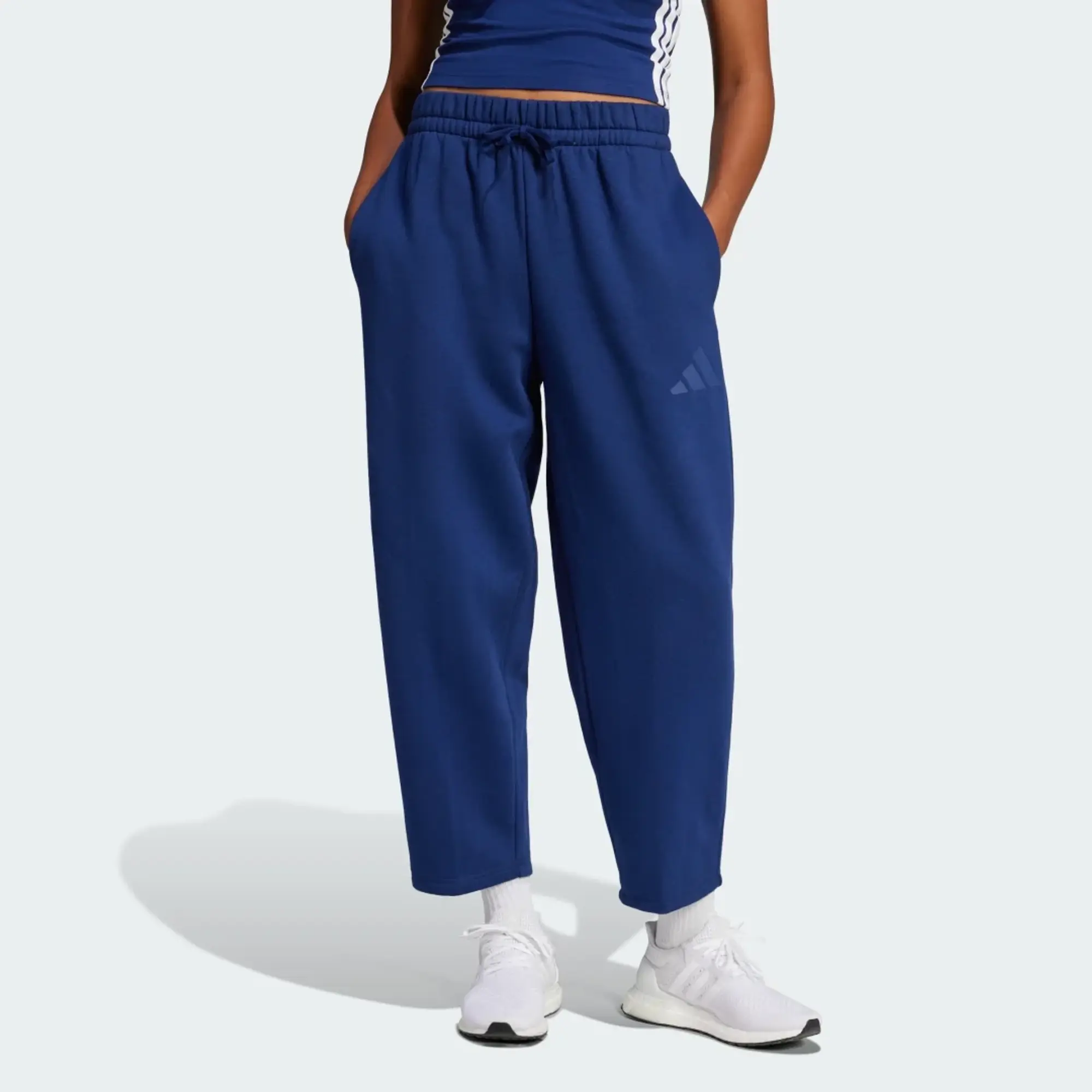 Adidas Essentials Contemporary Logo Fleece Barrel Pants In Dark Blue
