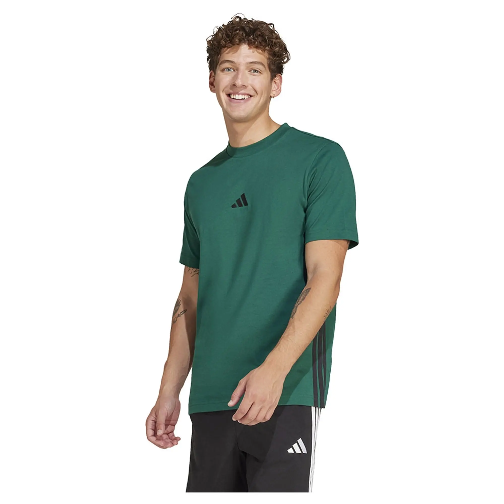 adidas Men's Essential Three Stripes Single Jersey T-Shirt, Green/Black