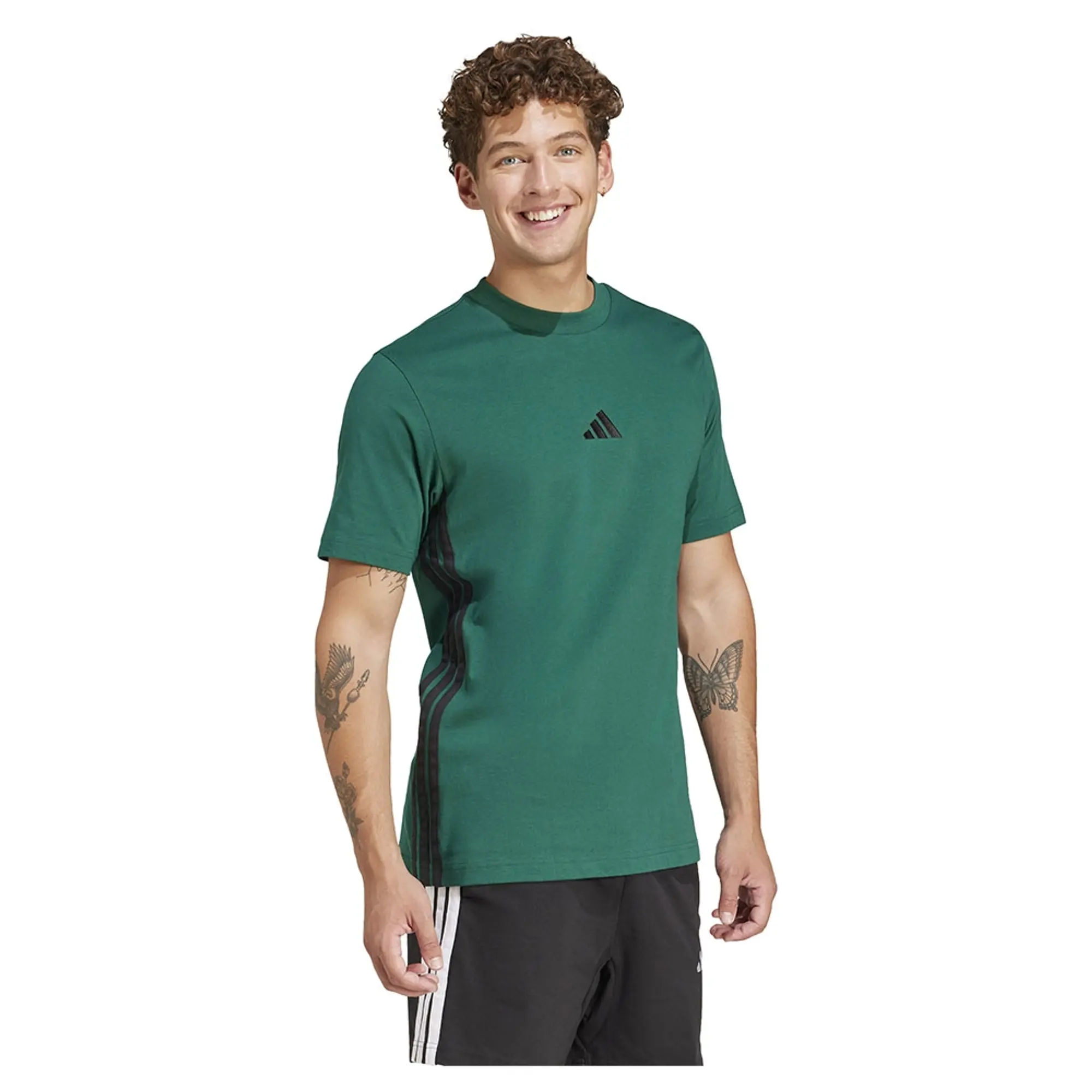 adidas Men's Essential Three Stripes Single Jersey T-Shirt, Green/Black