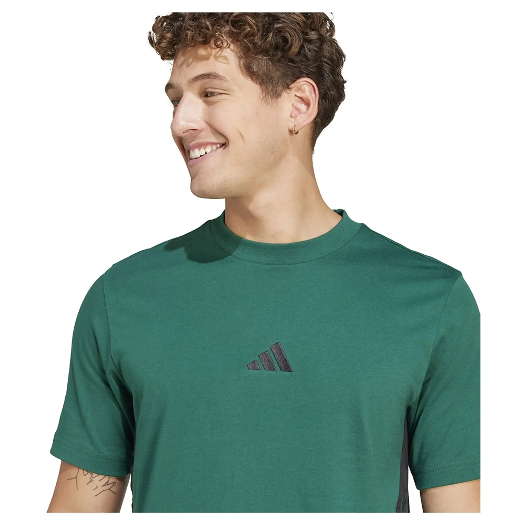 adidas Men's Essential Three Stripes Single Jersey T-Shirt, Green/Black