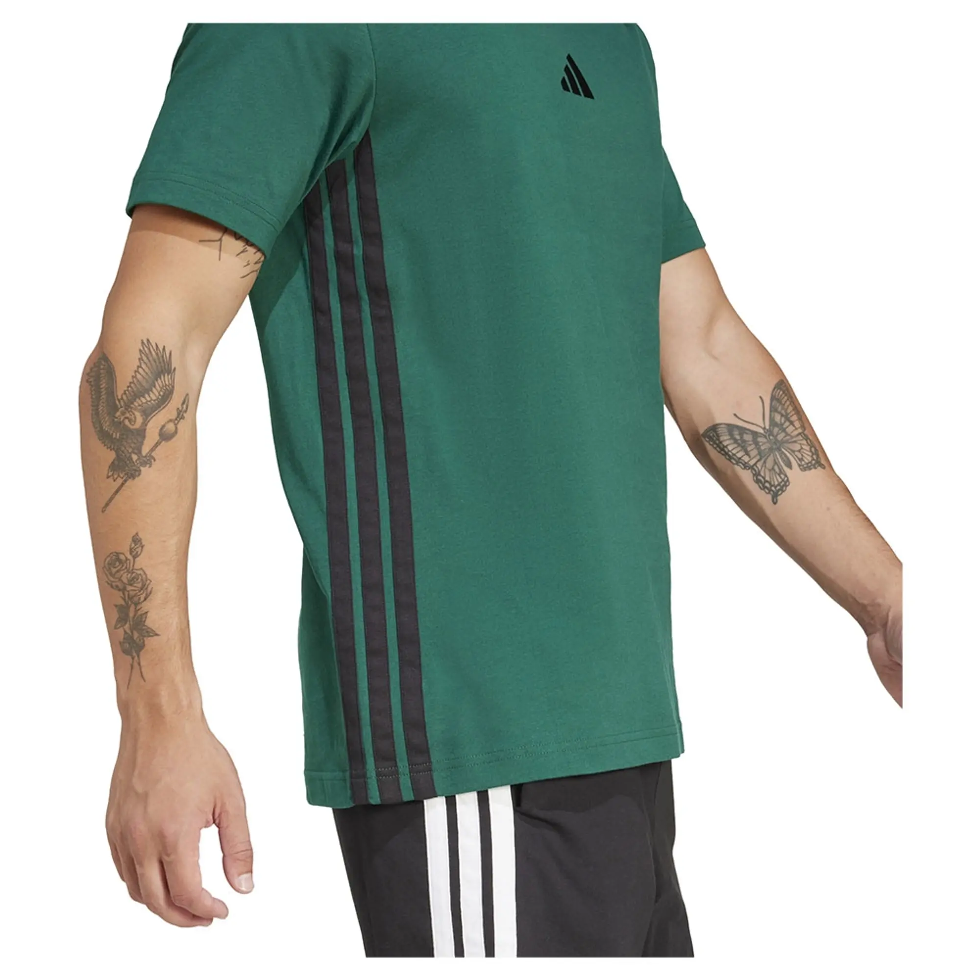 adidas Men's Essential Three Stripes Single Jersey T-Shirt, Green/Black