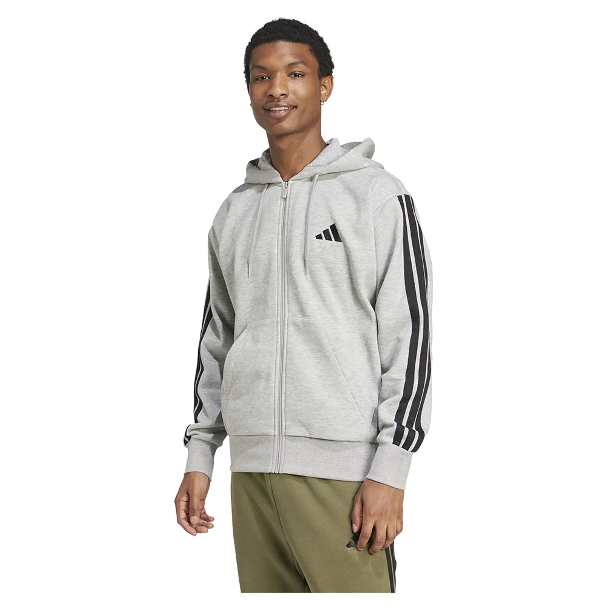 adidas Essential Three Stripes Fleece Hoodie, Grey Heather/Black