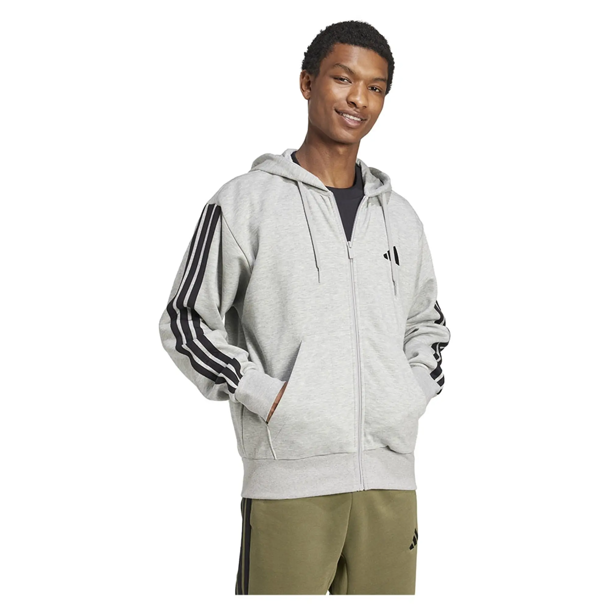 adidas Essential Three Stripes Fleece Hoodie, Grey Heather/Black