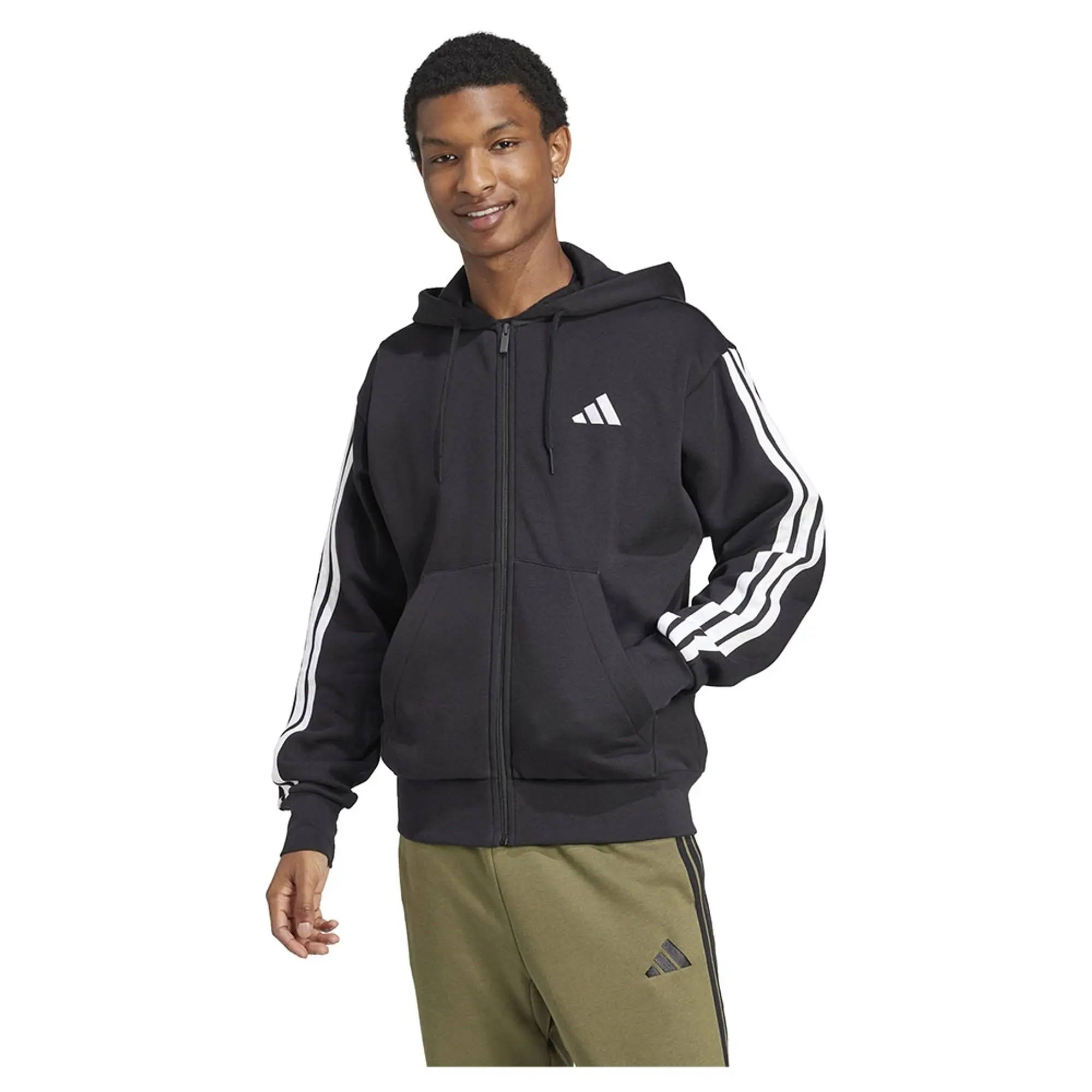 adidas Essential Three Stripes Fleece Hoodie, Black/White