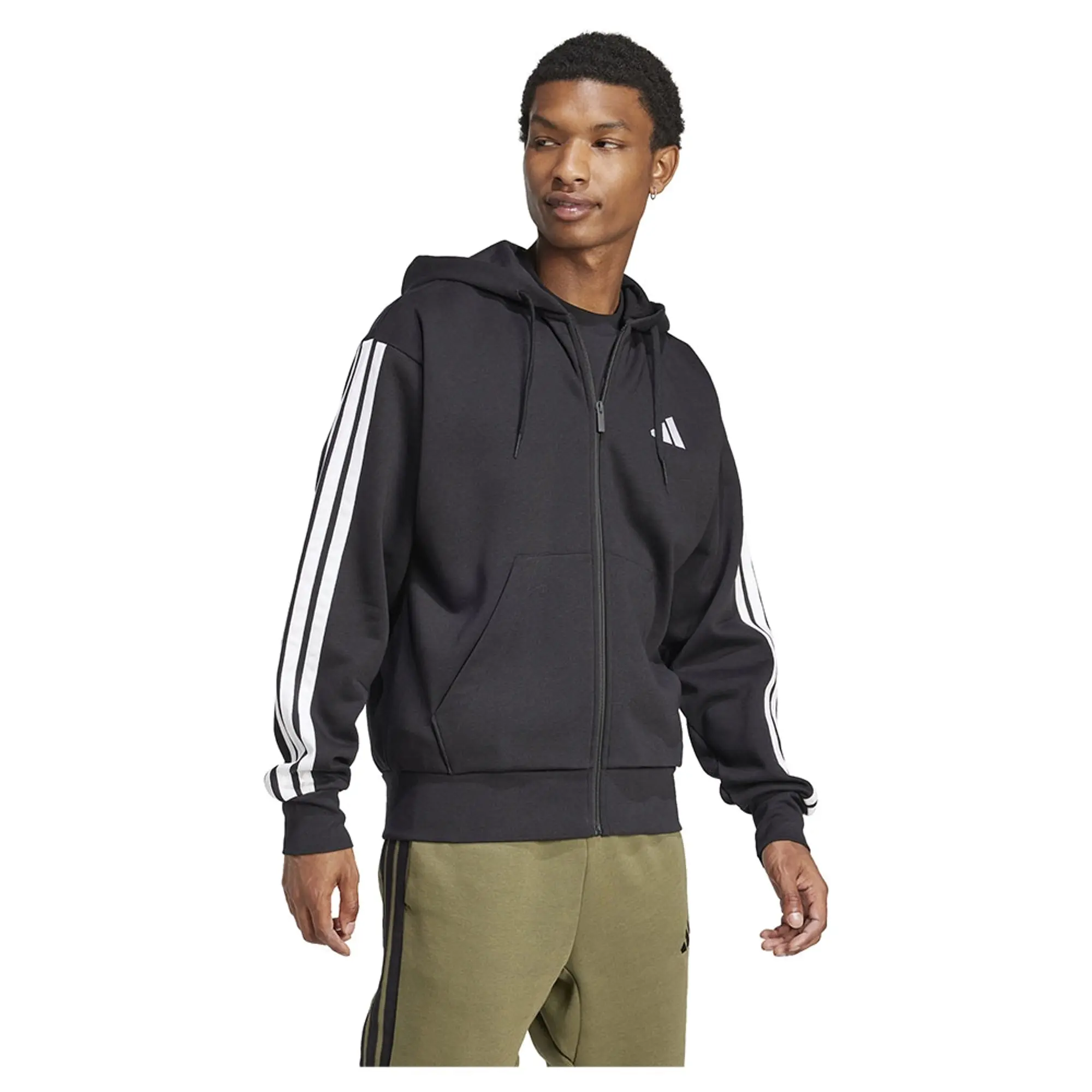 adidas Essential Three Stripes Fleece Hoodie, Black/White