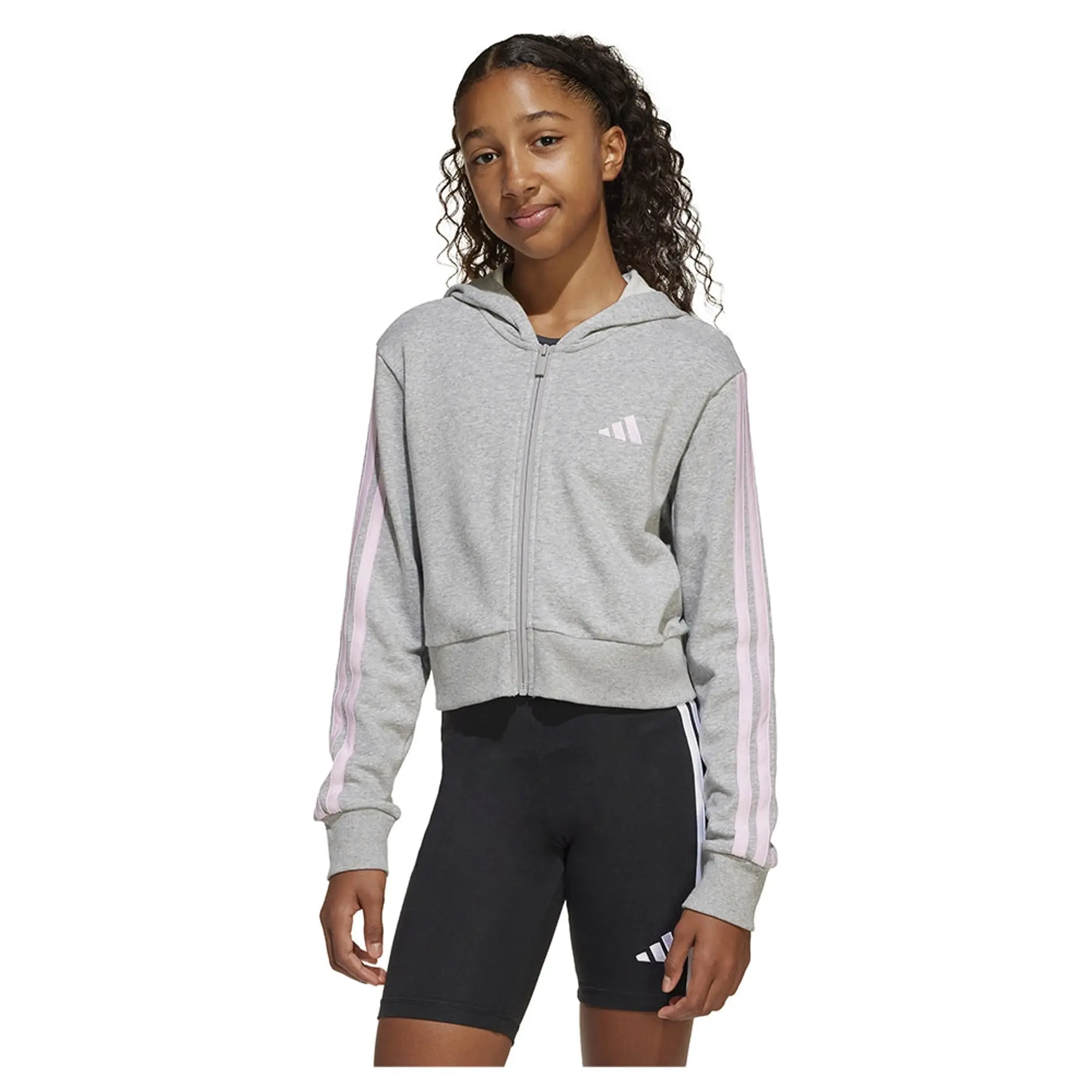adidas Kids' 3 Stripe Logo Crop Hoodie, Grey/Pink