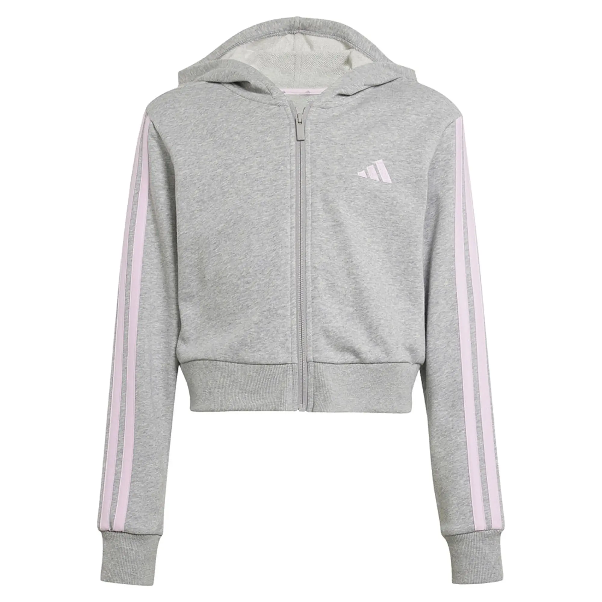 adidas Kids' 3 Stripe Logo Crop Hoodie, Grey/Pink