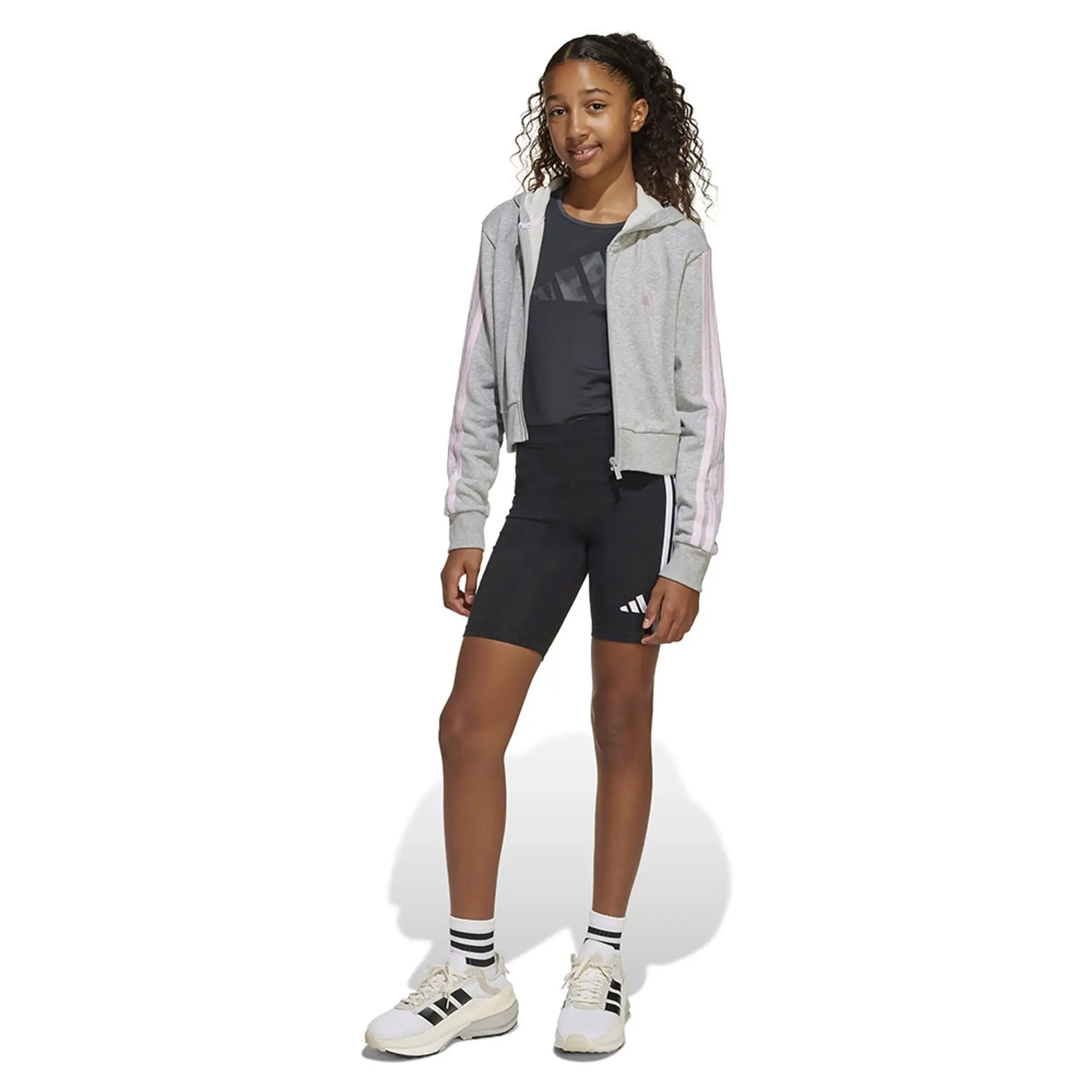 adidas Kids' 3 Stripe Logo Crop Hoodie, Grey/Pink