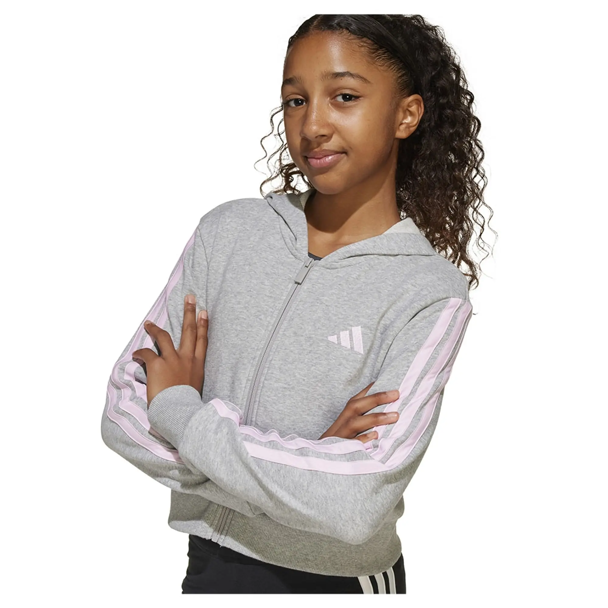 adidas Kids' 3 Stripe Logo Crop Hoodie, Grey/Pink