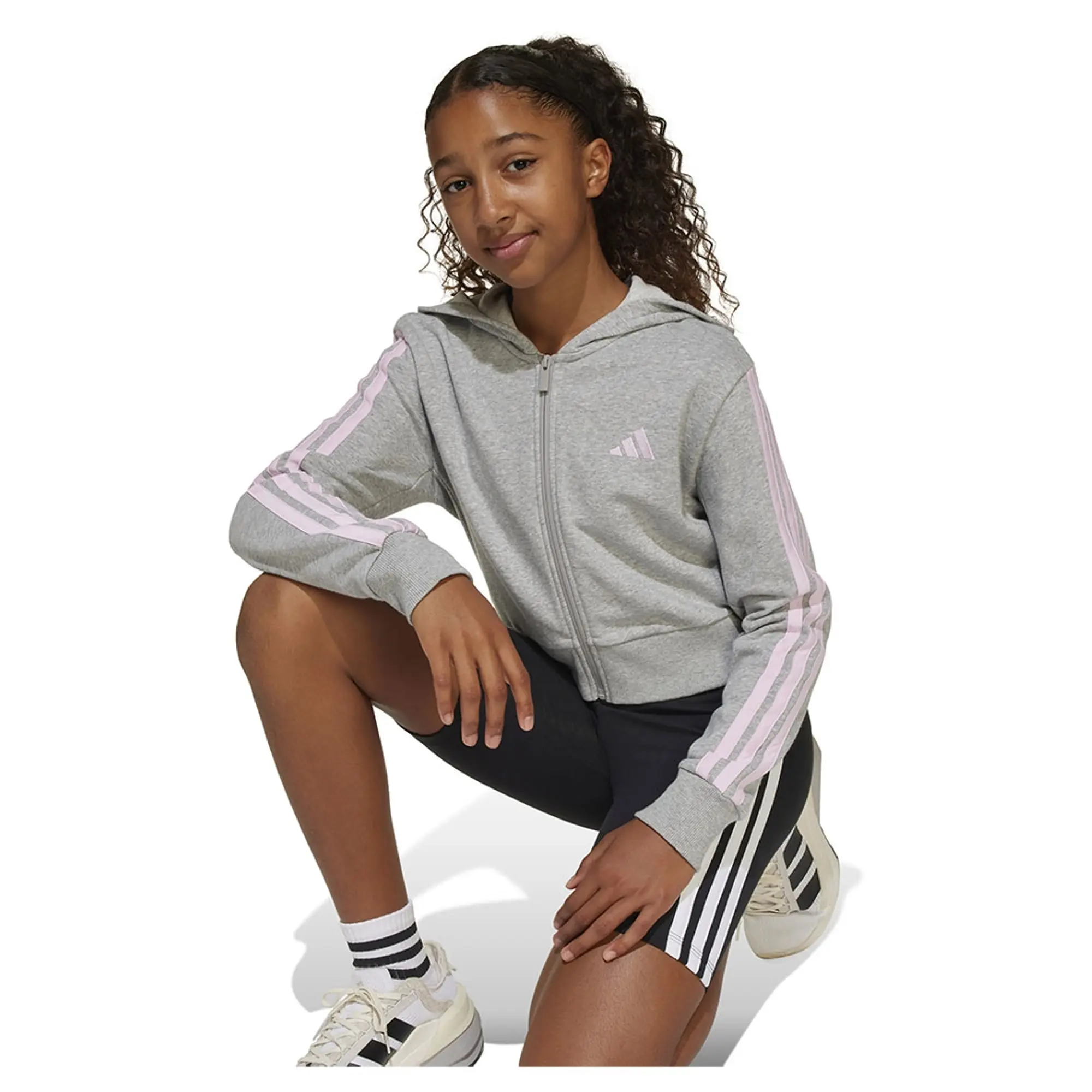 adidas Kids' 3 Stripe Logo Crop Hoodie, Grey/Pink