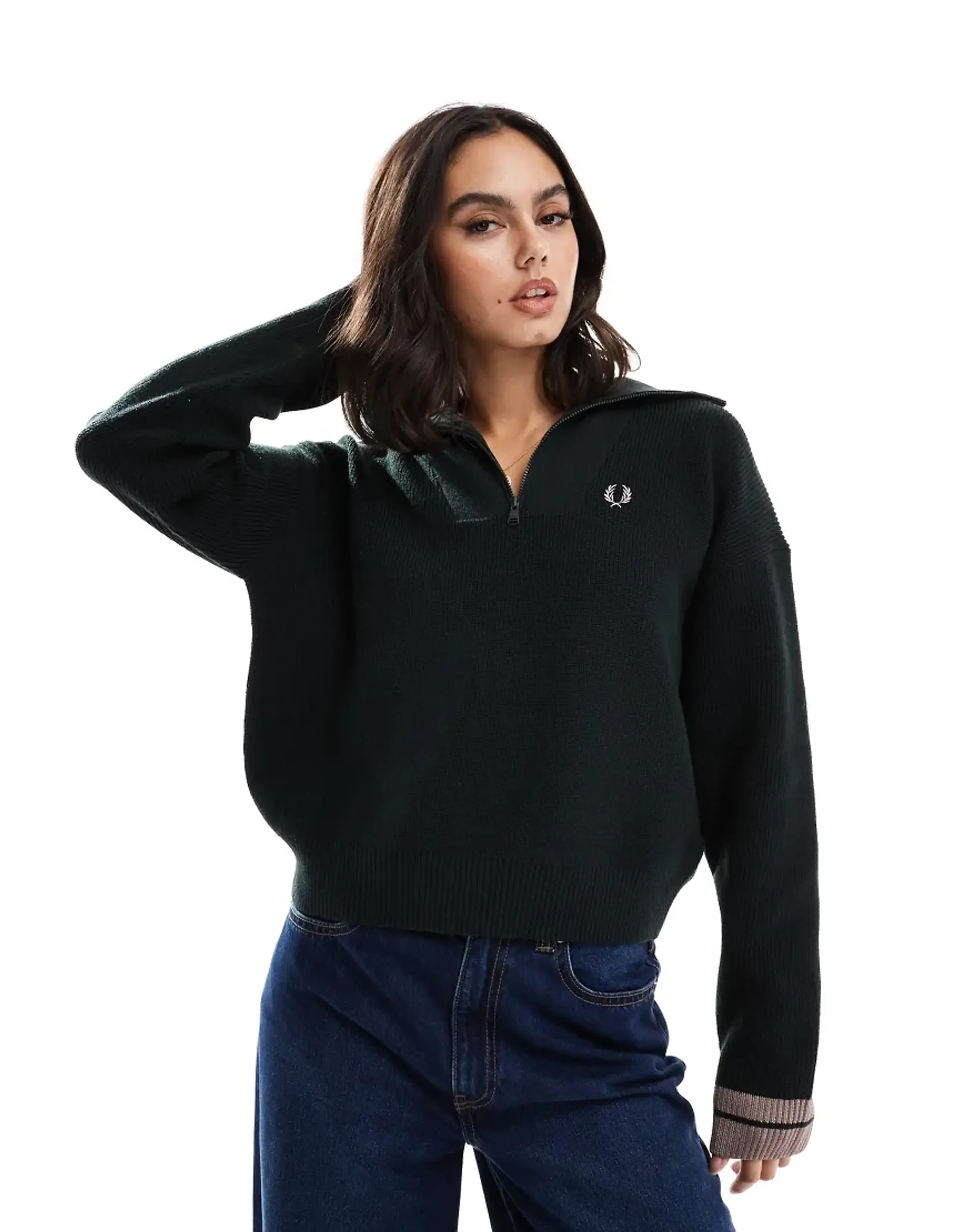 Fred Perry Half Zip Knitted Jumper In Dark Green And Dusty Pink