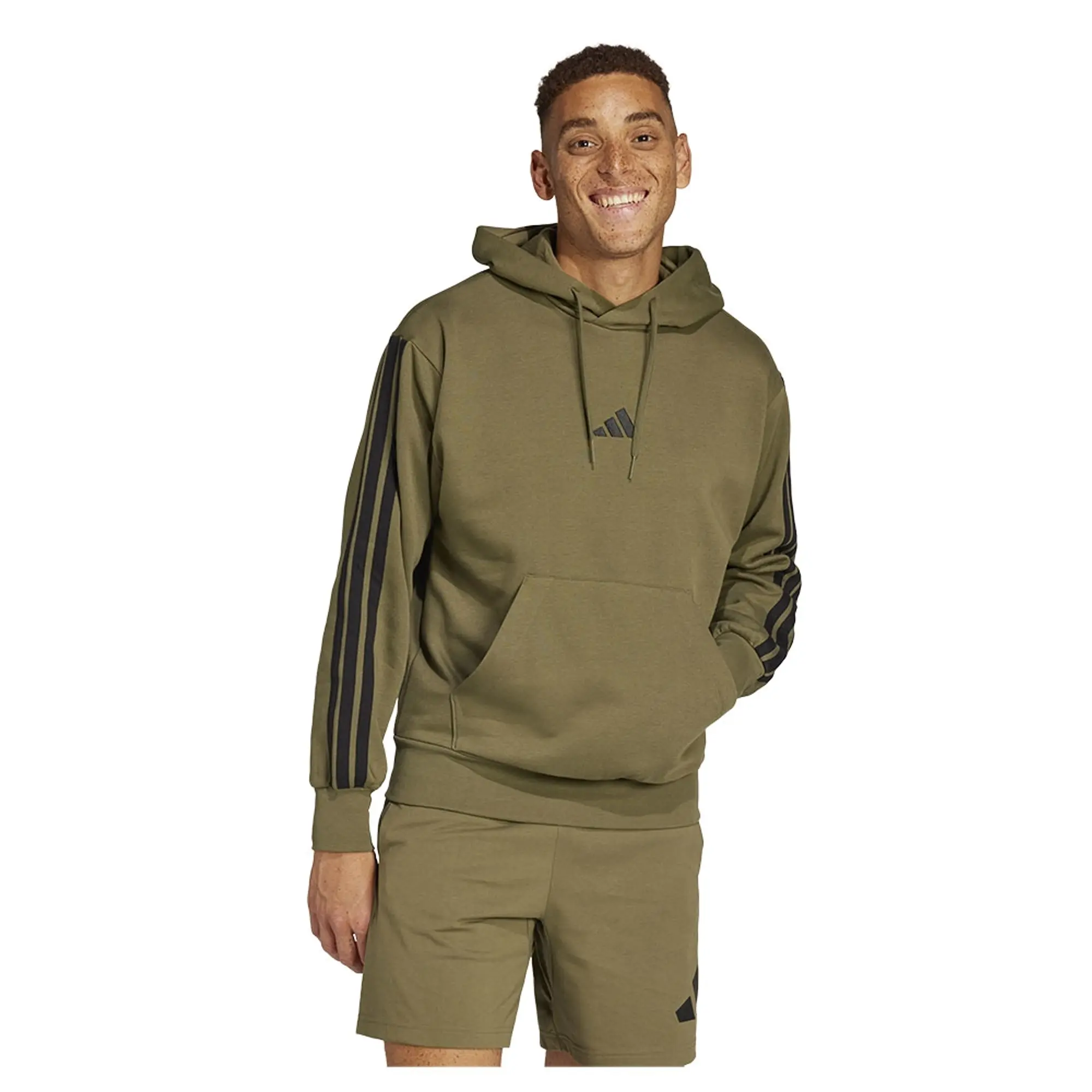 adidas Essential Three Stripes Fleece Hoodie, Olive Strata/Black