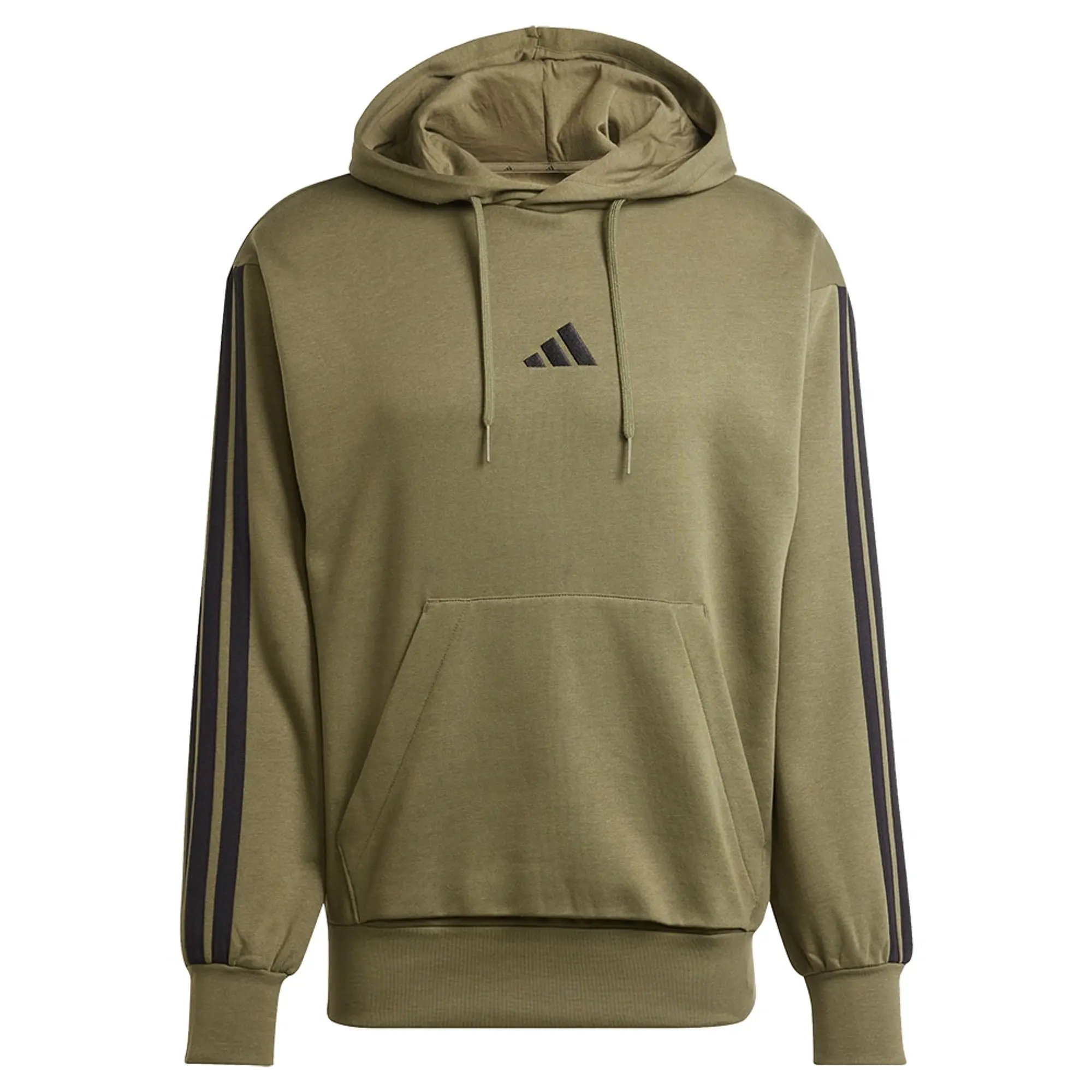 adidas Essential Three Stripes Fleece Hoodie, Olive Strata/Black