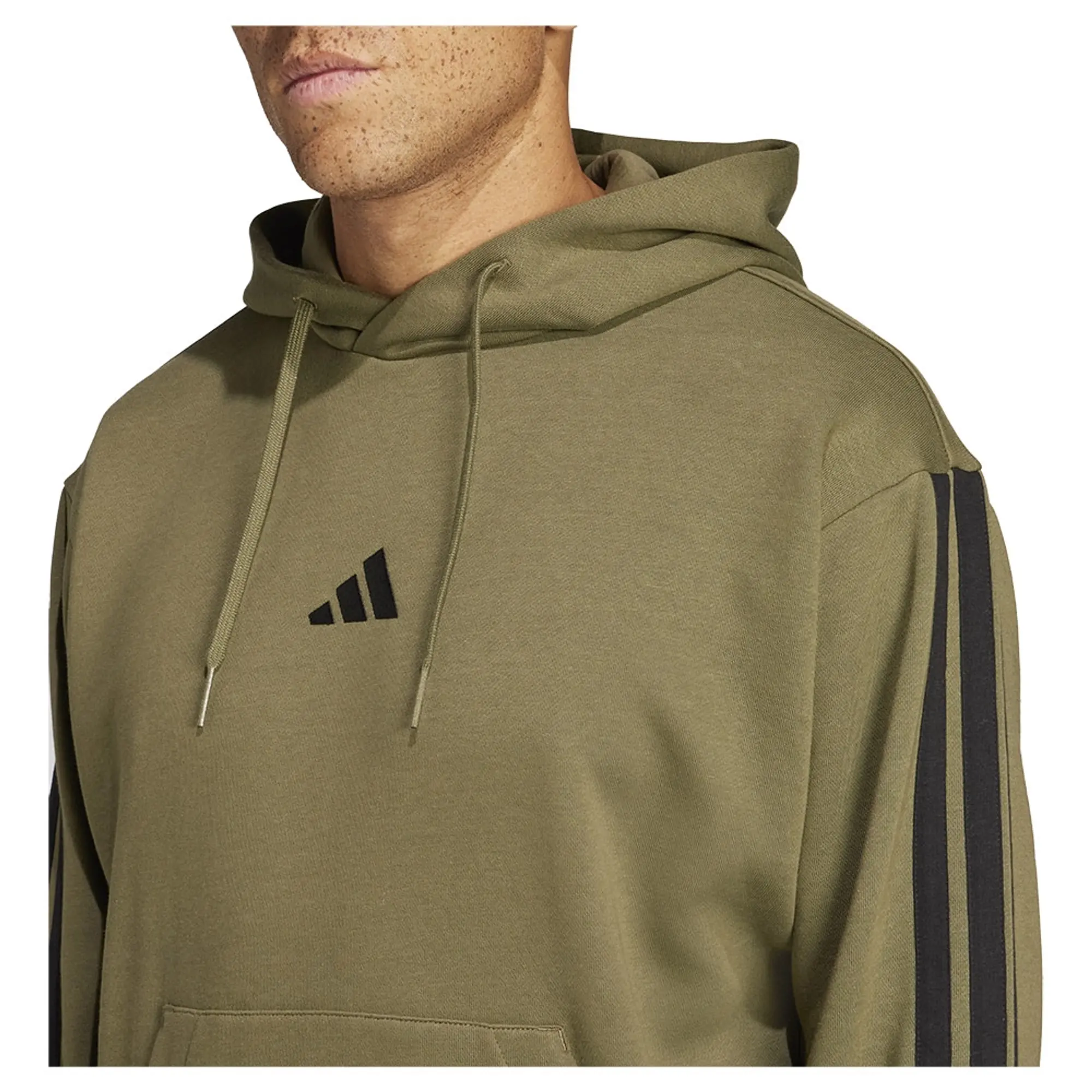 adidas Essential Three Stripes Fleece Hoodie, Olive Strata/Black