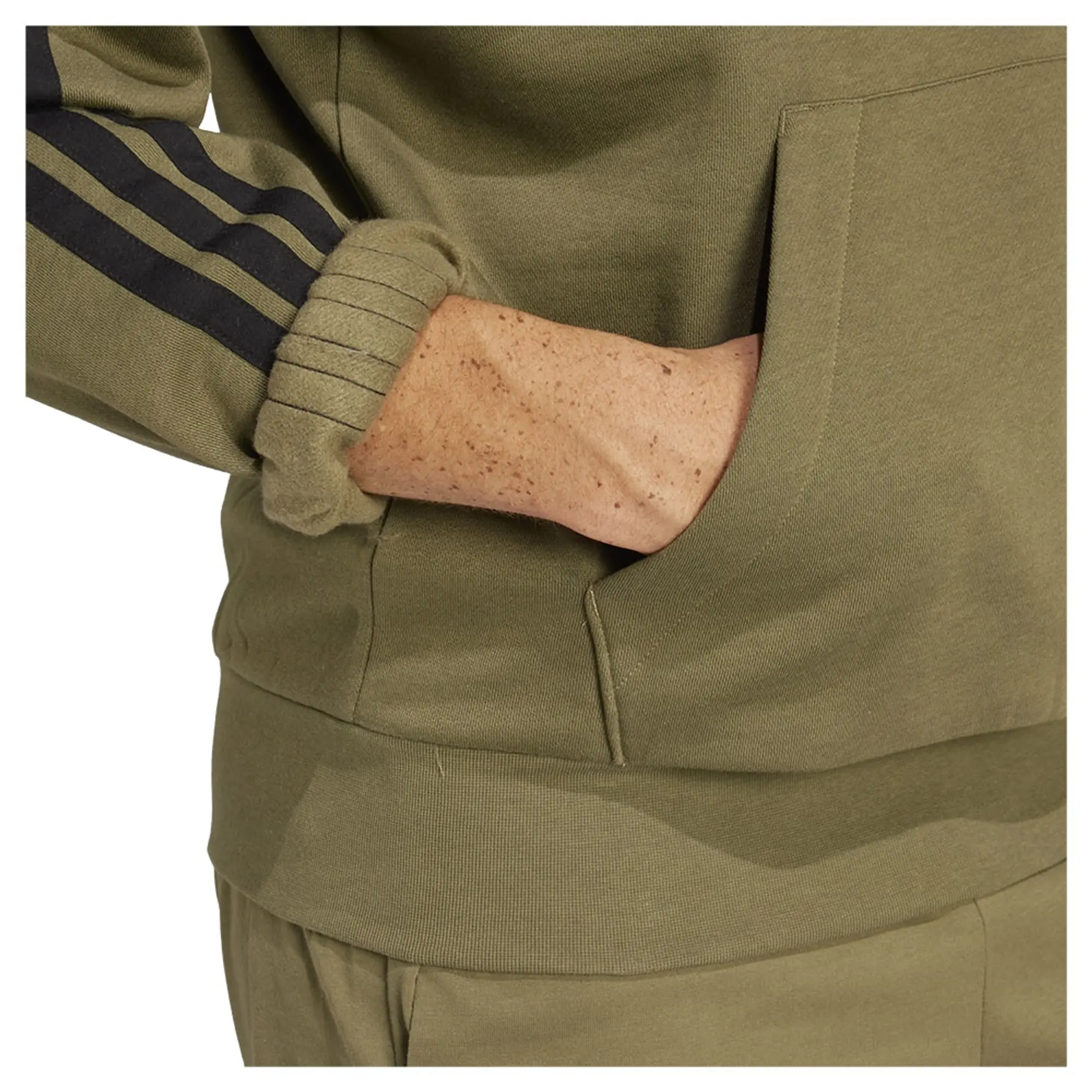 adidas Essential Three Stripes Fleece Hoodie, Olive Strata/Black