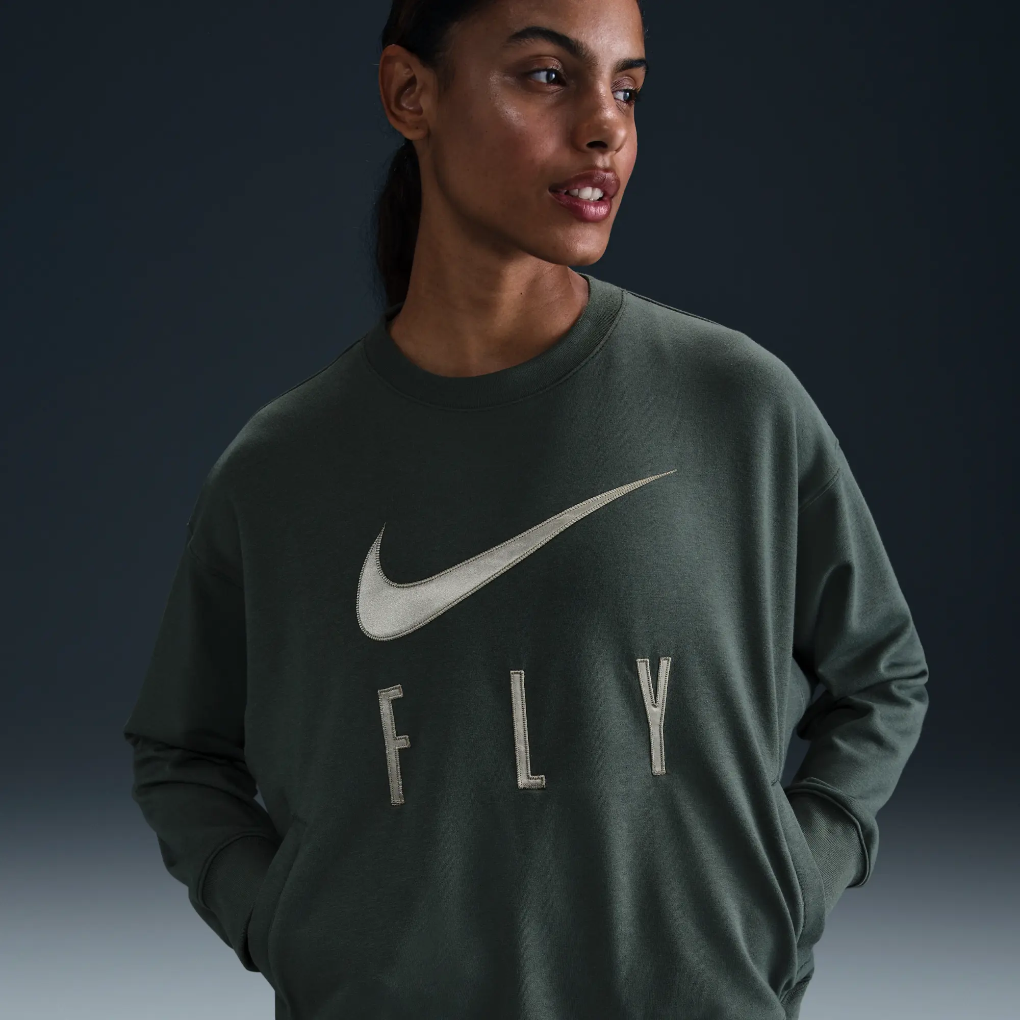 Nike Swoosh Fly Women's Dri-FIT French Terry Crew-Neck Basketball Sweatshirt - Green - Polyester/Cotton/Elastane