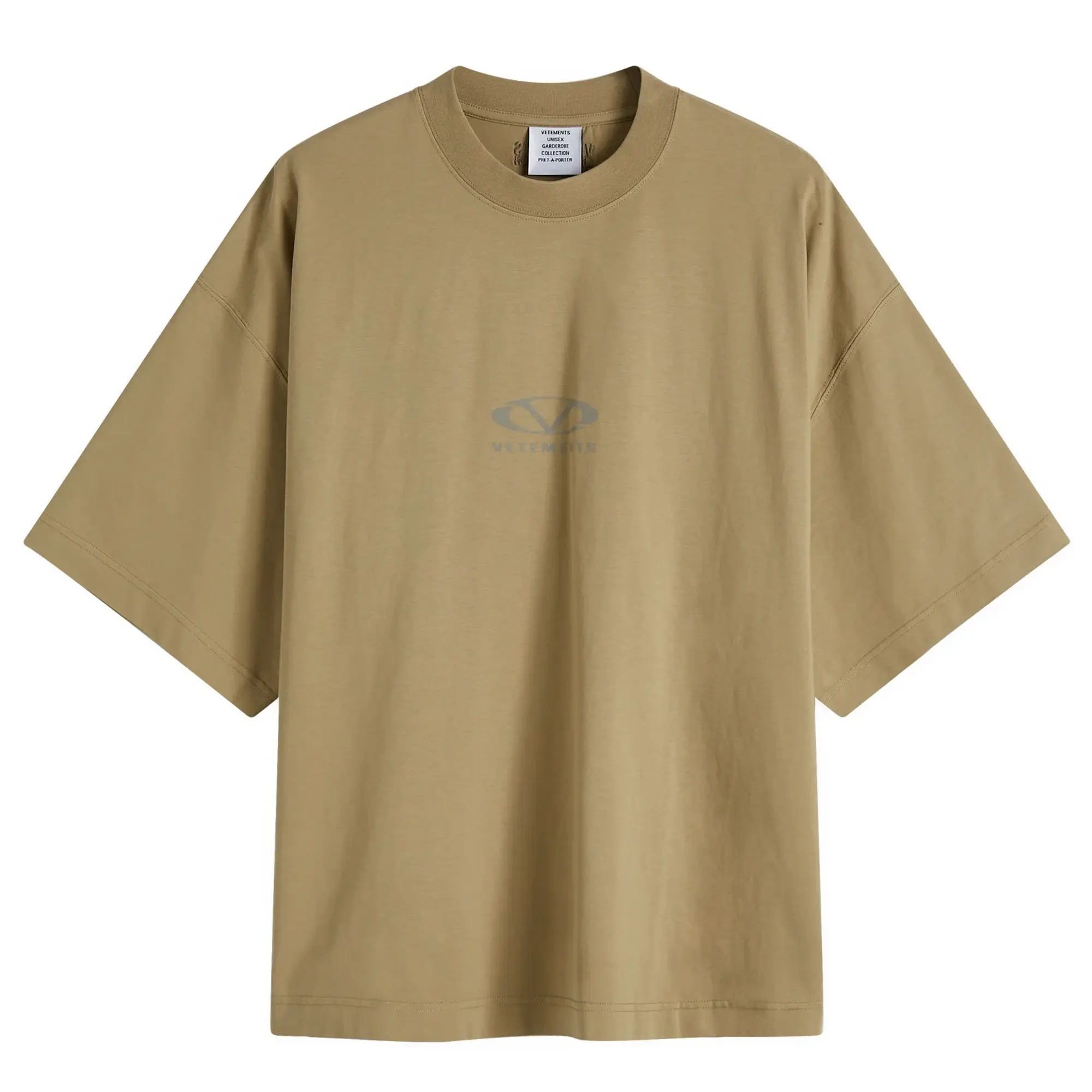 VETEMENTS Men's Oval Logo Cropped Boxy T-Shirt Taupe