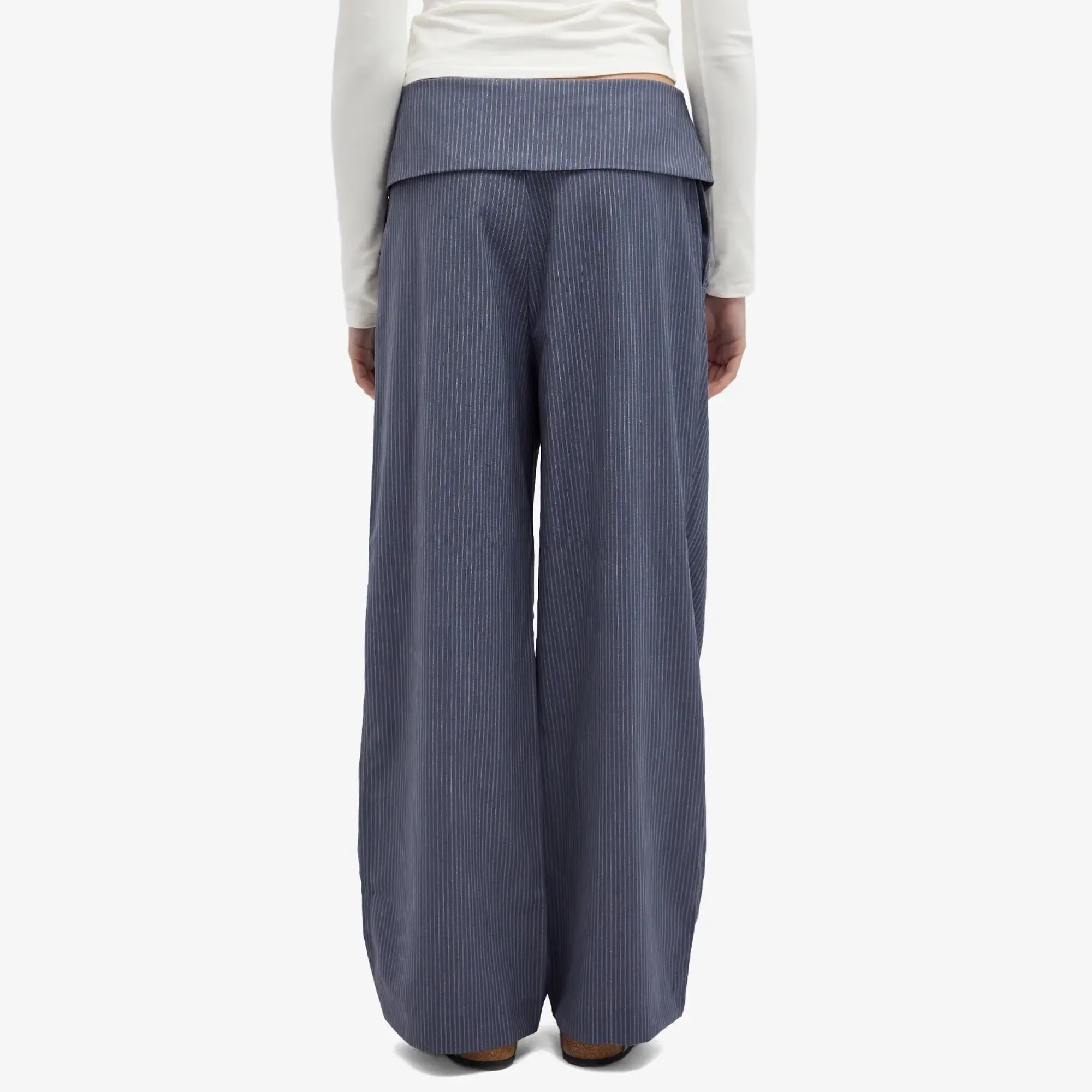 Deiji Studios Women's Folded Wool Stripe Pants Navy Stripe