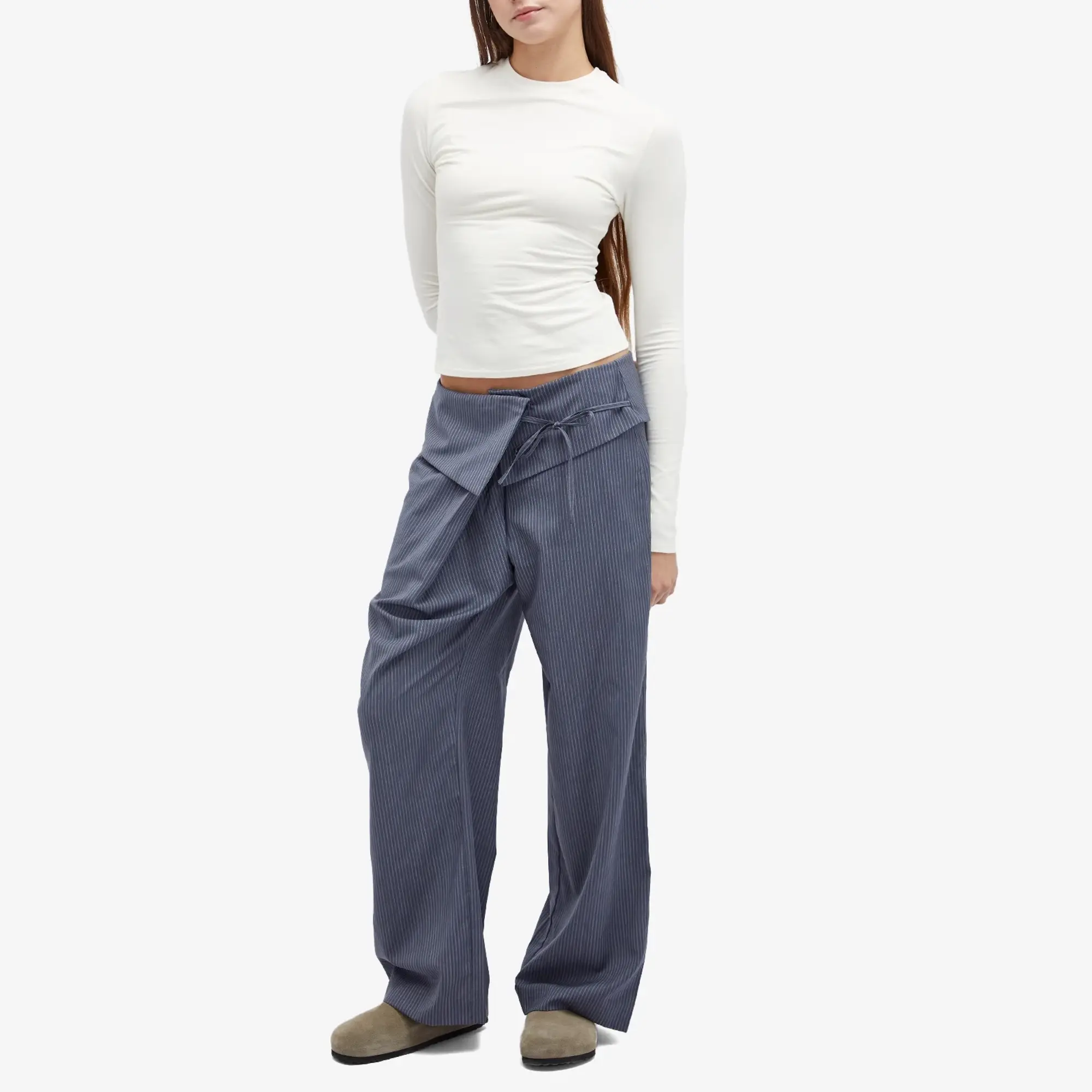 Deiji Studios Women's Folded Wool Stripe Pants Navy Stripe