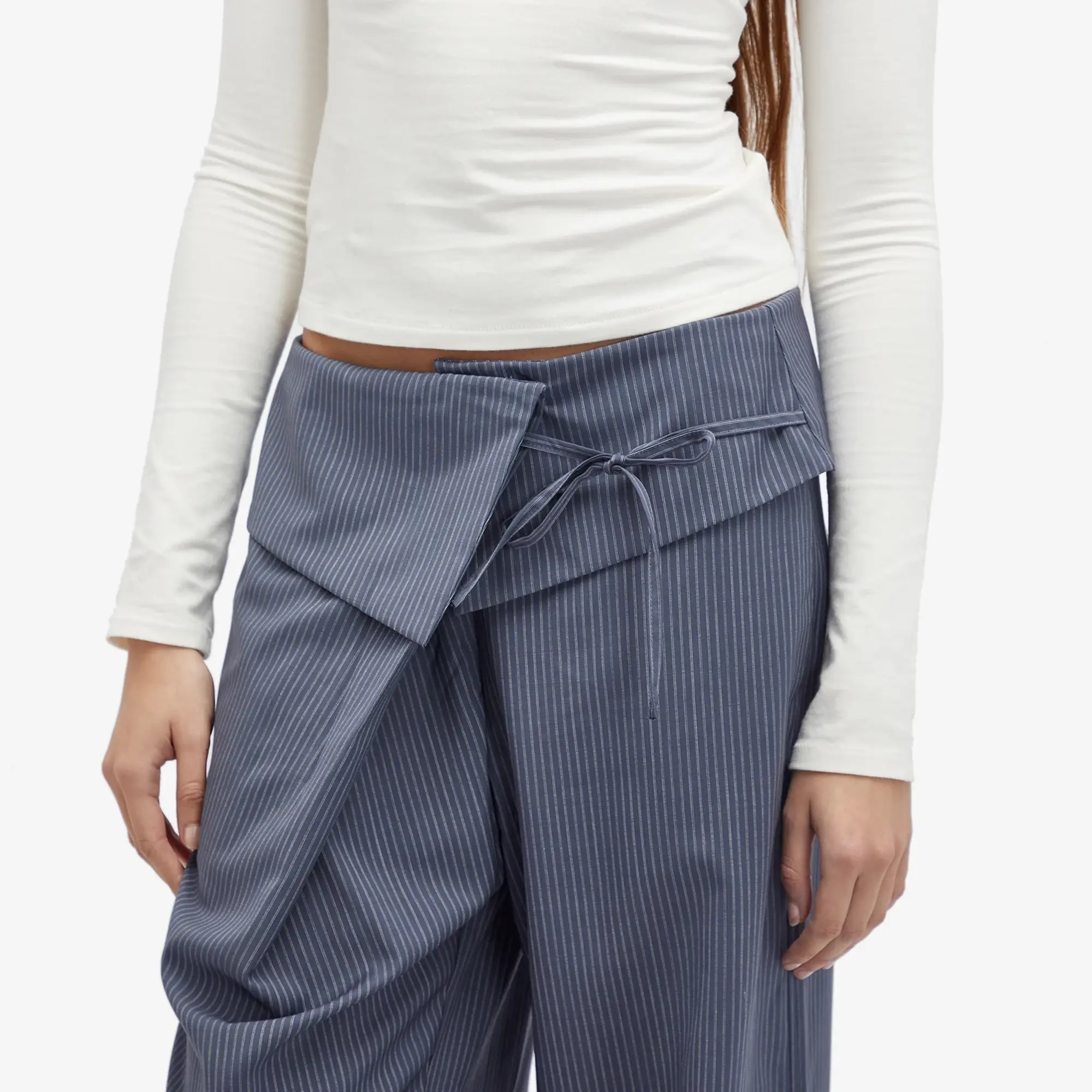 Deiji Studios Women's Folded Wool Stripe Pants Navy Stripe